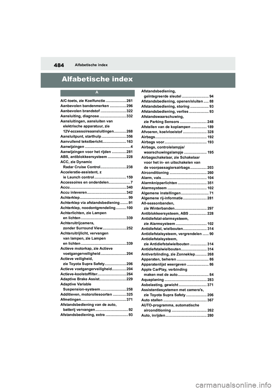 TOYOTA SUPRA 2022  Instructieboekje (in Dutch) 484Alfabetische index
Alfabetische index
A
A/C-toets, zie Koelfunctie .................... 261
Aanbevolen bandenmerken ................ 296
Aanbevolen brandstof ......................... 322
Aansluiti