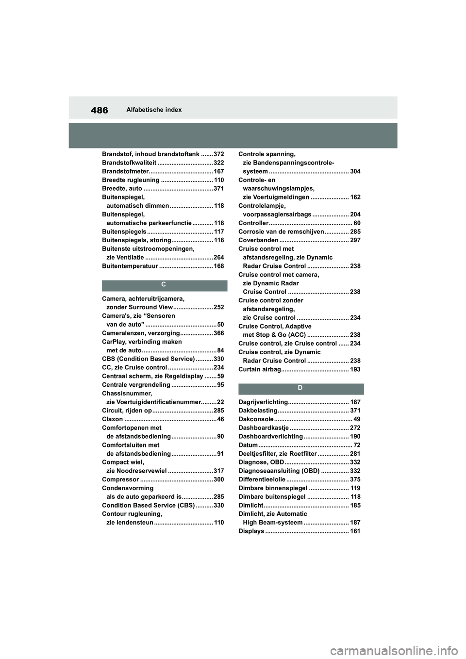 TOYOTA SUPRA 2022 Instructieboekje (in Dutch) 486Alfabetische index
Brandstof, inhoud brandstoftank ....... 372
Brandstofkwaliteit ................................ 322
Brandstofmeter..................................... 167
Breedte rugleuning ... TOYOTA SUPRA 2022 Instructieboekje (in Dutch) 486Alfabetische index
Brandstof, inhoud brandstoftank ....... 372
Brandstofkwaliteit ................................ 322
Brandstofmeter..................................... 167
Breedte rugleuning ...