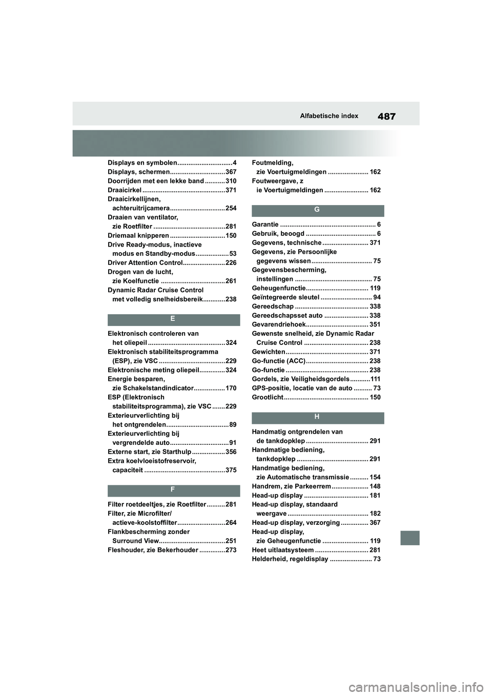 TOYOTA SUPRA 2022 Instructieboekje (in Dutch) 487Alfabetische index
Displays en symbolen.............................. 4
Displays, schermen.............................. 367
Doorrijden met een lekke band ........... 310
Draaicirkel .............. TOYOTA SUPRA 2022 Instructieboekje (in Dutch) 487Alfabetische index
Displays en symbolen.............................. 4
Displays, schermen.............................. 367
Doorrijden met een lekke band ........... 310
Draaicirkel ..............