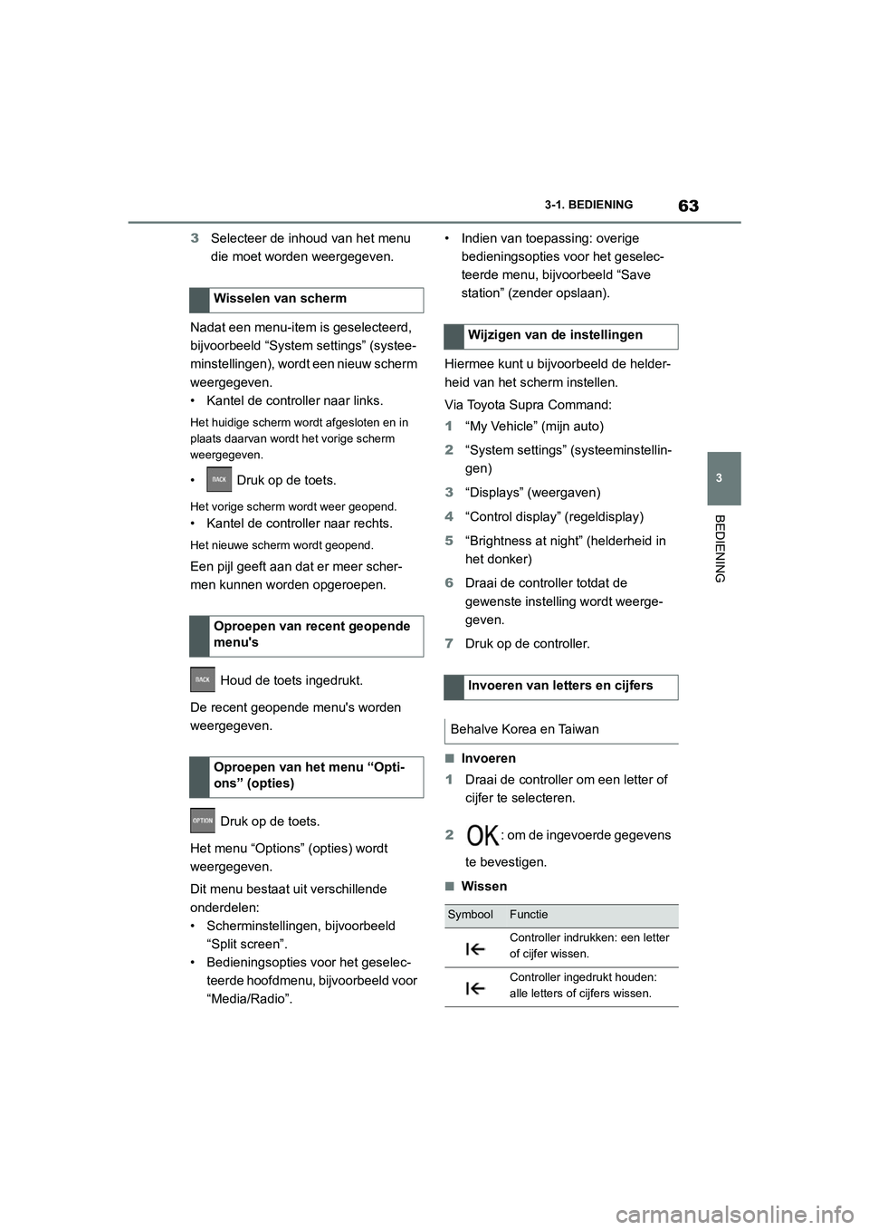 TOYOTA SUPRA 2022  Instructieboekje (in Dutch) 63
3
3-1. BEDIENING
BEDIENING
3
Selecteer de inhoud van het menu 
die moet worden weergegeven.
Nadat een menu-item is geselecteerd, 
bijvoorbeeld “System settings” (systee-
minstellingen), wordt e TOYOTA SUPRA 2022  Instructieboekje (in Dutch) 63
3
3-1. BEDIENING
BEDIENING
3
Selecteer de inhoud van het menu 
die moet worden weergegeven.
Nadat een menu-item is geselecteerd, 
bijvoorbeeld “System settings” (systee-
minstellingen), wordt e