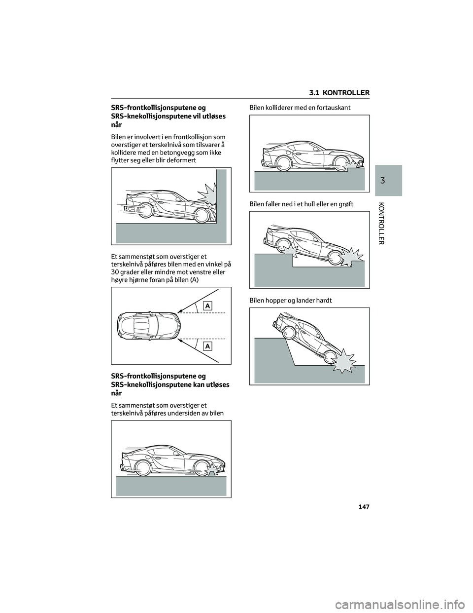 TOYOTA SUPRA 2022 Instruksjoner for bruk (in Norwegian) SRS-frontkollisjonsputene og
SRS-knekollisjonsputene vil utløses
når
Bilen er involvert i en frontkollisjon som
overstiger et terskelnivå som tilsvarer å
kollidere med en betongvegg som ikke
flytt TOYOTA SUPRA 2022 Instruksjoner for bruk (in Norwegian) SRS-frontkollisjonsputene og
SRS-knekollisjonsputene vil utløses
når
Bilen er involvert i en frontkollisjon som
overstiger et terskelnivå som tilsvarer å
kollidere med en betongvegg som ikke
flytt