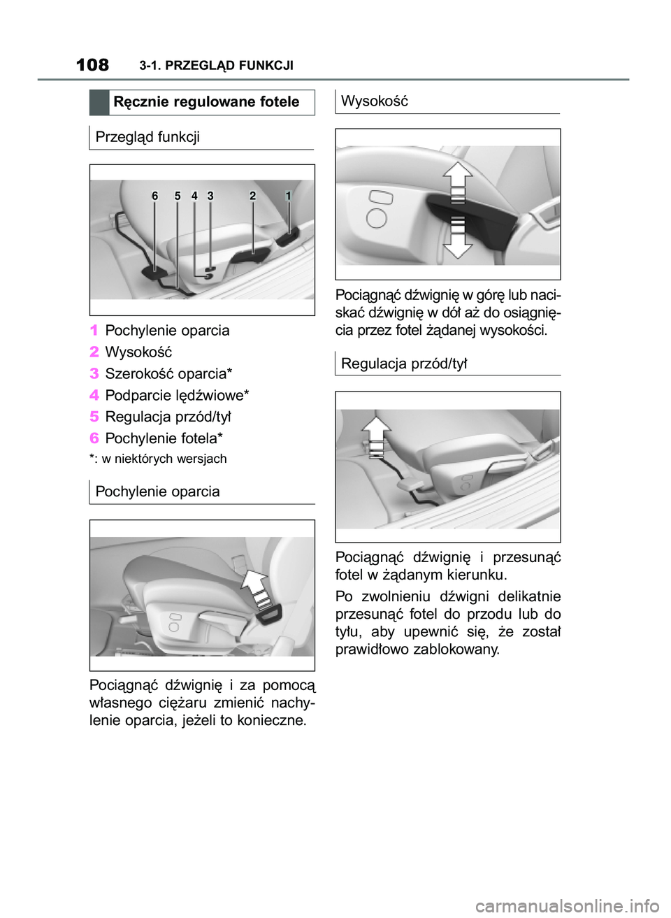 TOYOTA SUPRA 2022  Instrukcja obsługi (in Polish) Przeglàd funkcji
1Pochylenie oparcia
2WysokoÊç
3SzerokoÊç oparcia*
4Podparcie l´dêwiowe*
5Regulacja przód/ty∏
6Pochylenie fotela*
*: w niektórych wersjach
Pochylenie oparcia
Pociàgnàç  d
