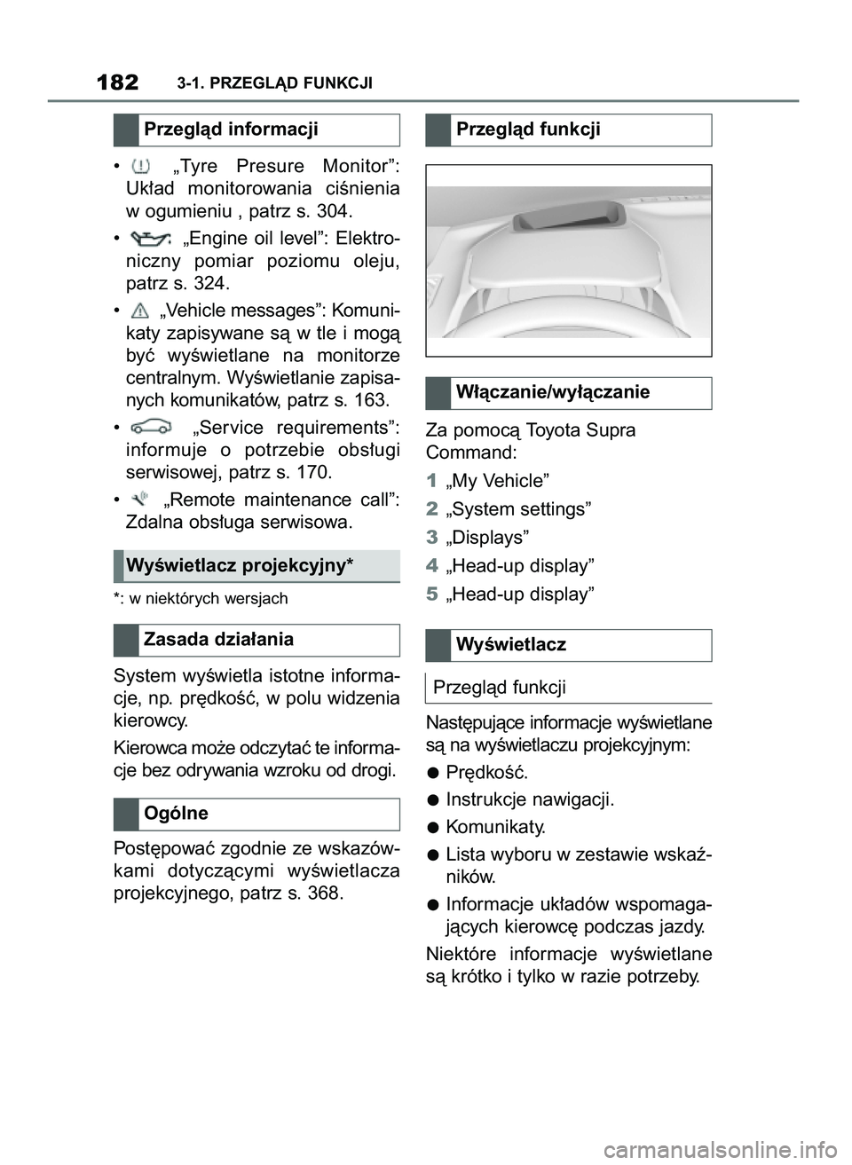 TOYOTA SUPRA 2022  Instrukcja obsługi (in Polish) •  „Tyre  Presure  Monitor”:
Uk∏ad  monitorowania  ciÊnienia
w ogumieniu , patrz s. 304.
•  „Engine  oil  level”:  Elektro-
niczny  pomiar  poziomu  oleju,
patrz s. 324.
•  „Vehicle
