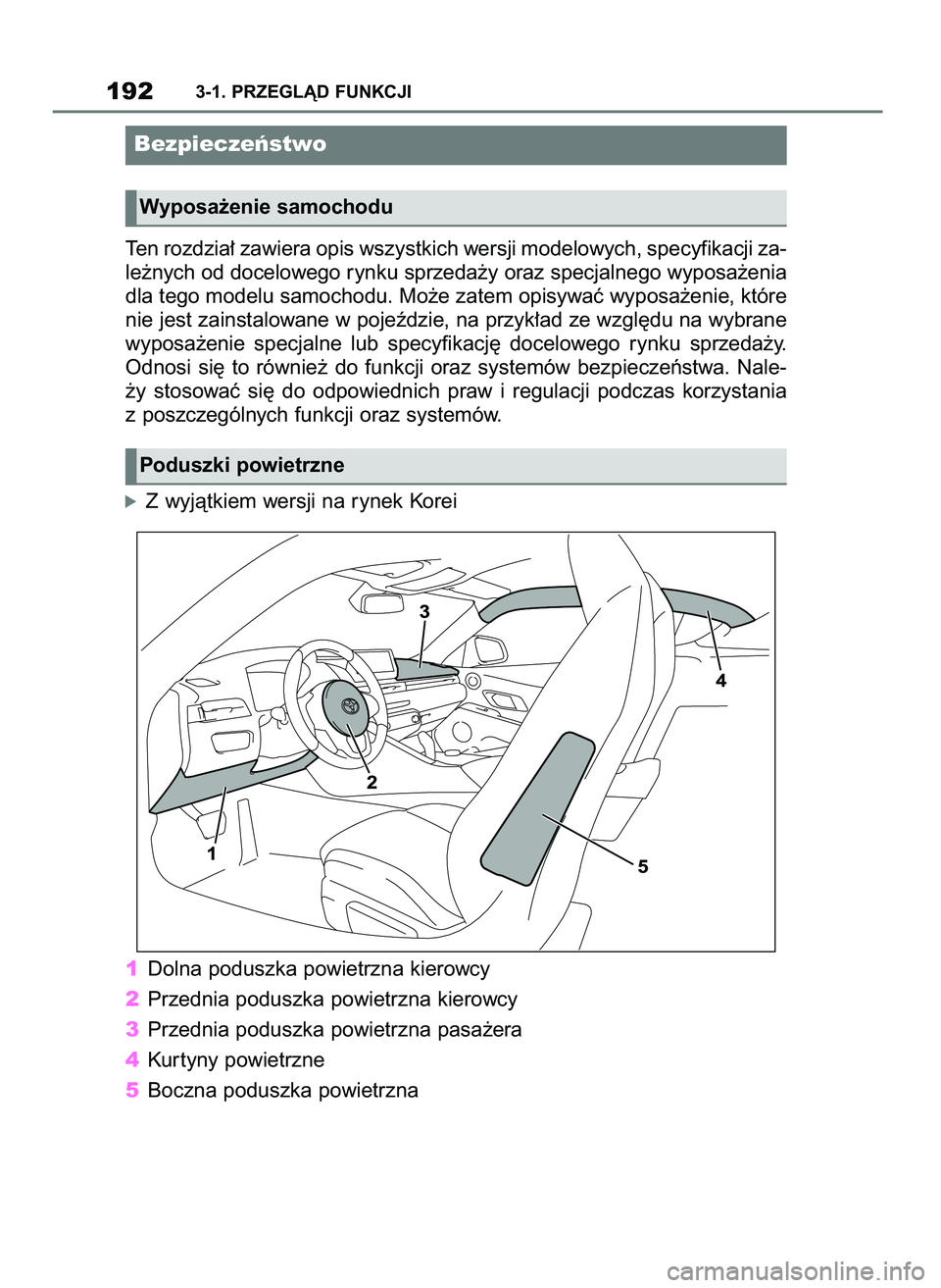 TOYOTA SUPRA 2022 Instrukcja obsługi (in Polish) Ten rozdzia∏ zawiera opis wszystkich wersji modelowych, specyfikacji za-
le˝nych od docelowego rynku sprzeda˝y oraz specjalnego wyposa˝enia
dla tego modelu samochodu. Mo˝e zatem opisywaç wyposa TOYOTA SUPRA 2022 Instrukcja obsługi (in Polish) Ten rozdzia∏ zawiera opis wszystkich wersji modelowych, specyfikacji za-
le˝nych od docelowego rynku sprzeda˝y oraz specjalnego wyposa˝enia
dla tego modelu samochodu. Mo˝e zatem opisywaç wyposa