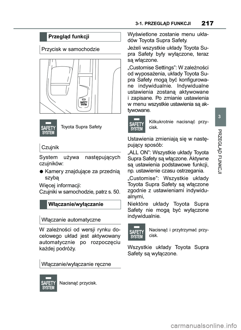 TOYOTA SUPRA 2022  Instrukcja obsługi (in Polish) Przycisk w samochodzie
Toyota Supra Safety
Czujnik
System  u˝ywa  nast´pujàcych
czujników:
Kamery znajdujàce za przednià
szybà
Wi´cej informacji:
Czujniki w samochodzie, patrz s. 50.
W∏àcza