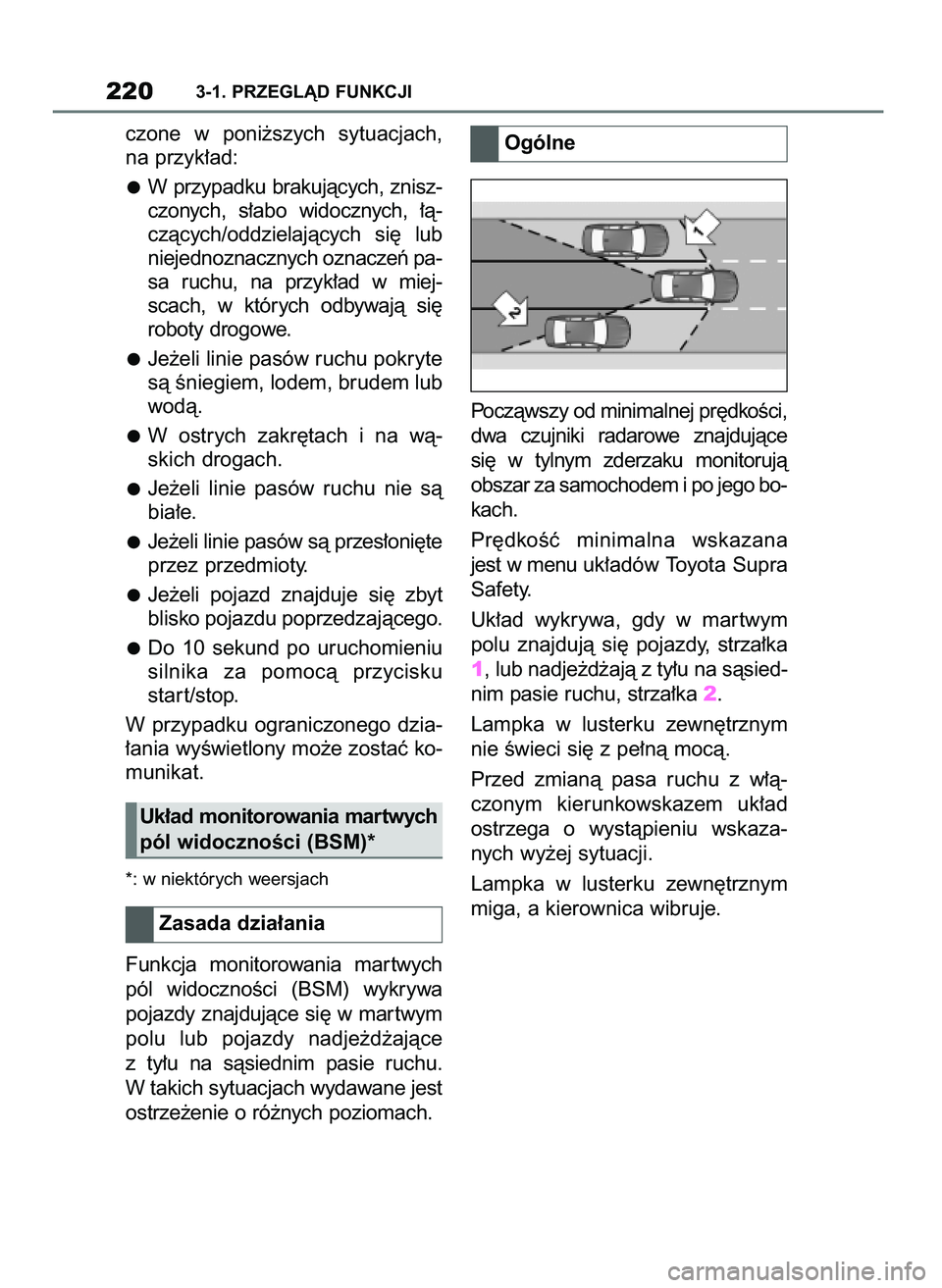 TOYOTA SUPRA 2022  Instrukcja obsługi (in Polish) czone  w poni˝szych  sytuacjach,
na przyk∏ad:
W przypadku brakujàcych, znisz-
czonych,  s∏abo  widocznych,  ∏à-
czàcych/oddzielajàcych  si´  lub
niejednoznacznych oznaczeƒ pa-
sa  ruchu, 