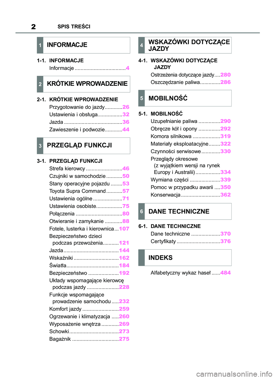 TOYOTA SUPRA 2022 Instrukcja obsługi (in Polish) 1-1. INFORMACJE
Informacje ...................................4
2-1. KRÓTKIE WPROWADZENIE
Przygotowanie do jazdy............26
Ustawienia i obs∏uga.................32
Jazda ........................ TOYOTA SUPRA 2022 Instrukcja obsługi (in Polish) 1-1. INFORMACJE
Informacje ...................................4
2-1. KRÓTKIE WPROWADZENIE
Przygotowanie do jazdy............26
Ustawienia i obs∏uga.................32
Jazda ........................
