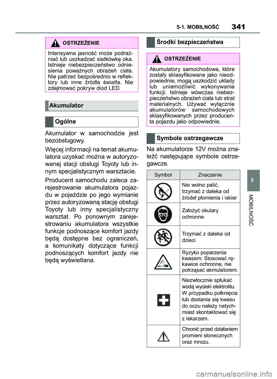 TOYOTA SUPRA 2022  Instrukcja obsługi (in Polish) Akumulator  w samochodzie  jest
bezobs∏ugowy.
Wi´cej informacji na temat akumu-
latora uzyskaç mo˝na w autoryzo-
wanej  stacji  obs∏ugi  Toyoty  lub  in-
nym specjalistycznym warsztacie.
Produc