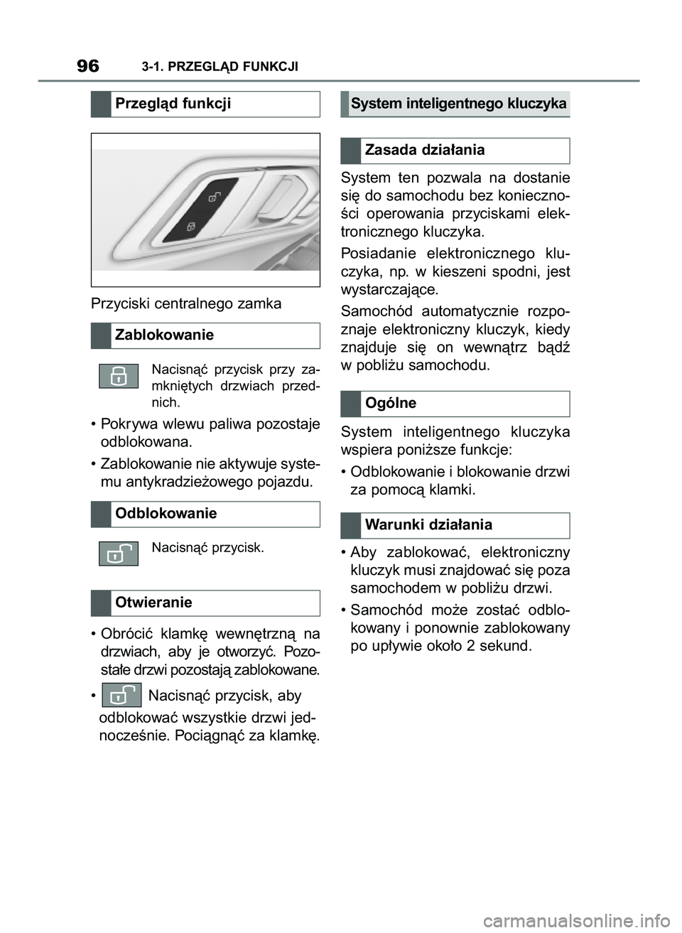 TOYOTA SUPRA 2022 Instrukcja obsługi (in Polish) Przyciski centralnego zamka
Nacisnàç przycisk przy za-
mkni´tych drzwiach przed-
nich.
• Pokrywa wlewu paliwa pozostaje
odblokowana.
• Zablokowanie nie aktywuje syste-
mu antykradzie˝oweg TOYOTA SUPRA 2022 Instrukcja obsługi (in Polish) Przyciski centralnego zamka
Nacisnàç przycisk przy za-
mkni´tych drzwiach przed-
nich.
• Pokrywa wlewu paliwa pozostaje
odblokowana.
• Zablokowanie nie aktywuje syste-
mu antykradzie˝oweg