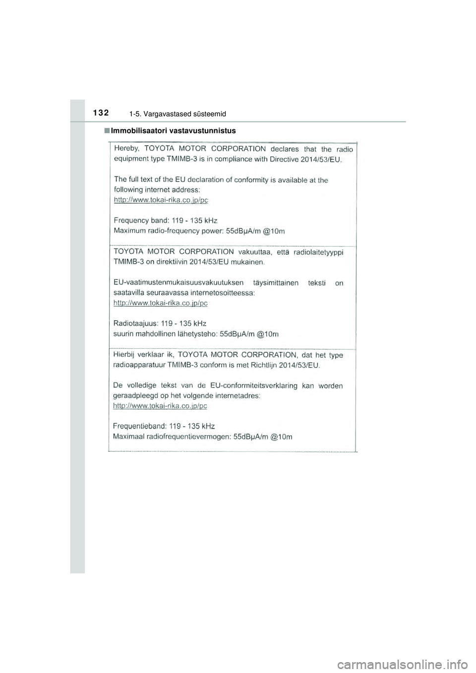 TOYOTA C-HR 2022  Kasutusjuhend (in Estonian) 1321-5. Vargavastased süsteemid
C-HR_HV_OM_Europe_OM10720EE■
Immobilisaatori vastavustunnistus 
C-HR_HV_OM_Europe_OM10720EE.book  Page 132  Thursday, March 3, 2022  7:55 AM 