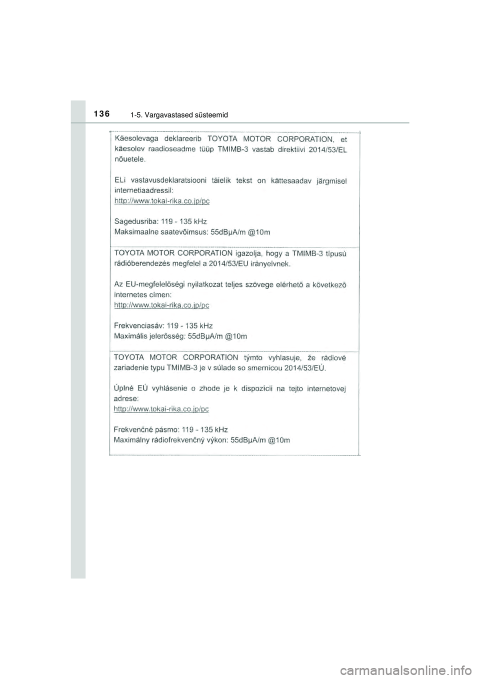 TOYOTA C-HR 2022  Kasutusjuhend (in Estonian) 1361-5. Vargavastased süsteemid
C-HR_HV_OM_Europe_OM10720EE
C-HR_HV_OM_Europe_OM10720EE.book  Page 136  Thursday, March 3, 2022  7:55 AM 