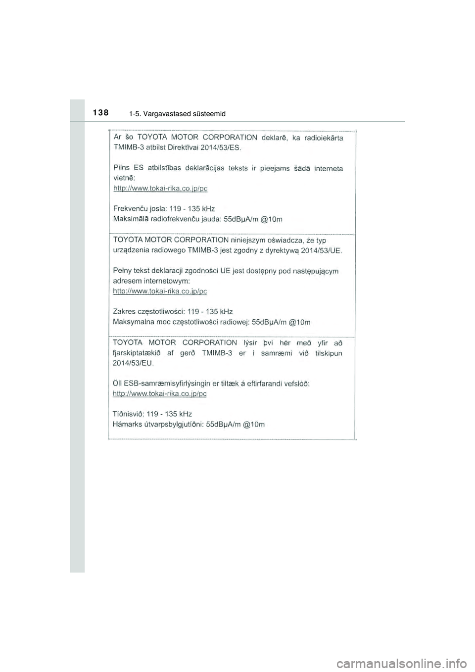 TOYOTA C-HR 2022  Kasutusjuhend (in Estonian) 1381-5. Vargavastased süsteemid
C-HR_HV_OM_Europe_OM10720EE
C-HR_HV_OM_Europe_OM10720EE.book  Page 138  Thursday, March 3, 2022  7:55 AM 