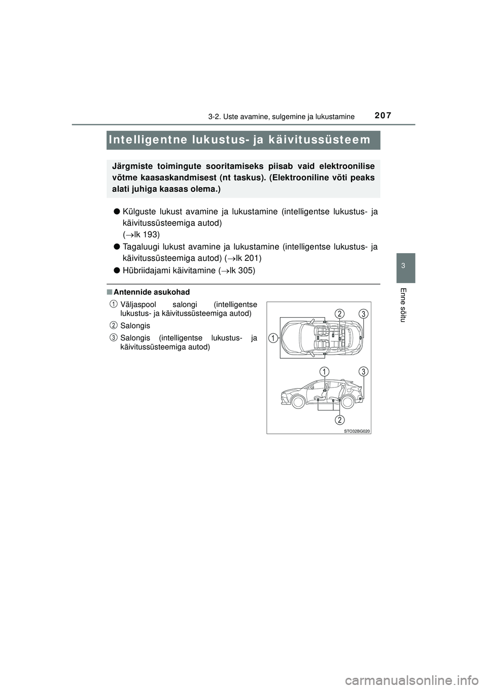 TOYOTA C-HR 2022 Kasutusjuhend (in Estonian) 207
3
3-2. Uste avamine, sulgemine ja lukustamine
Enne sõitu
C-HR_HV_OM_Europe_OM10720EE
Intelligentne lukustus- ja käivitussüsteem
●Külguste lukust avamine ja lukustamine (intelligentse lukustu TOYOTA C-HR 2022 Kasutusjuhend (in Estonian) 207
3
3-2. Uste avamine, sulgemine ja lukustamine
Enne sõitu
C-HR_HV_OM_Europe_OM10720EE
Intelligentne lukustus- ja käivitussüsteem
●Külguste lukust avamine ja lukustamine (intelligentse lukustu