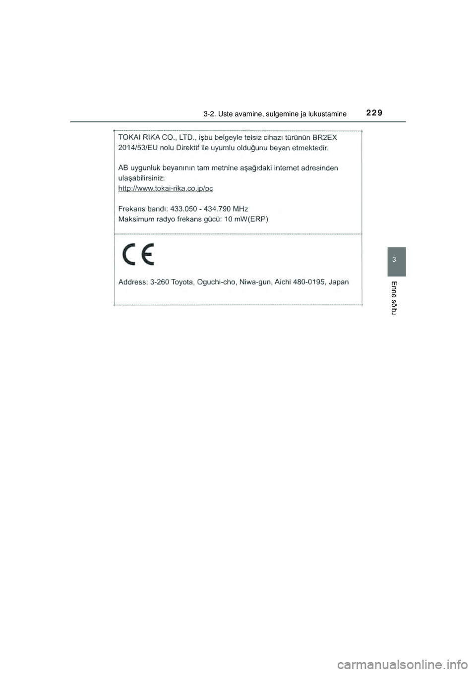 TOYOTA C-HR 2022  Kasutusjuhend (in Estonian) 2293-2. Uste avamine, sulgemine ja lukustamine
3
Enne sõitu
C-HR_HV_OM_Europe_OM10720EE
C-HR_HV_OM_Europe_OM10720EE.book  Page 229  Thursday, March 3, 2022  7:55 AM 