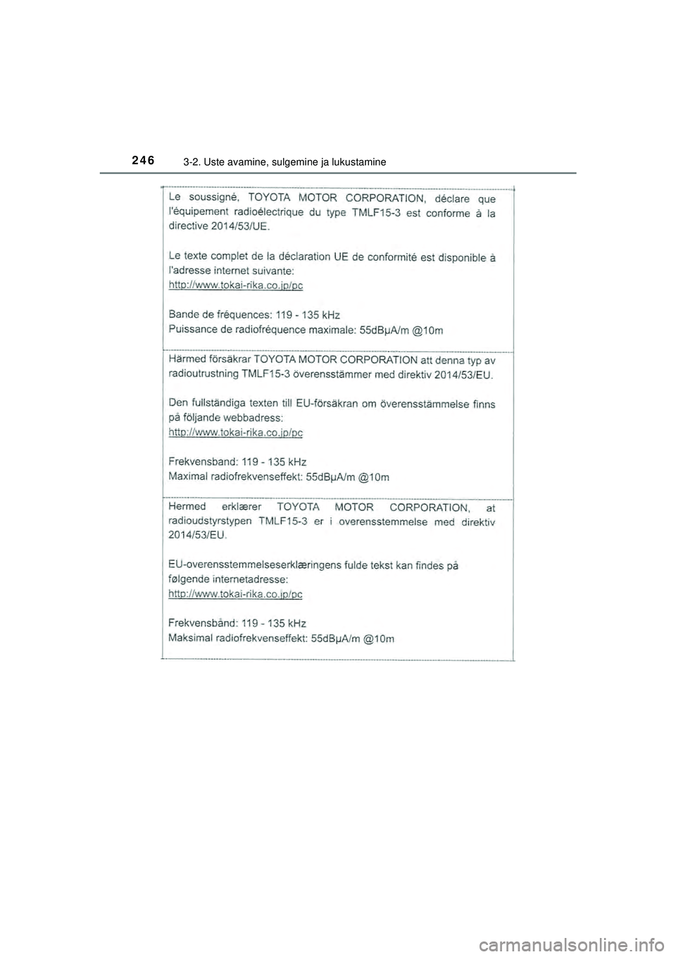 TOYOTA C-HR 2022  Kasutusjuhend (in Estonian) 2463-2. Uste avamine, sulgemine ja lukustamine
C-HR_HV_OM_Europe_OM10720EE
C-HR_HV_OM_Europe_OM10720EE.book  Page 246  Thursday, March 3, 2022  7:55 AM 