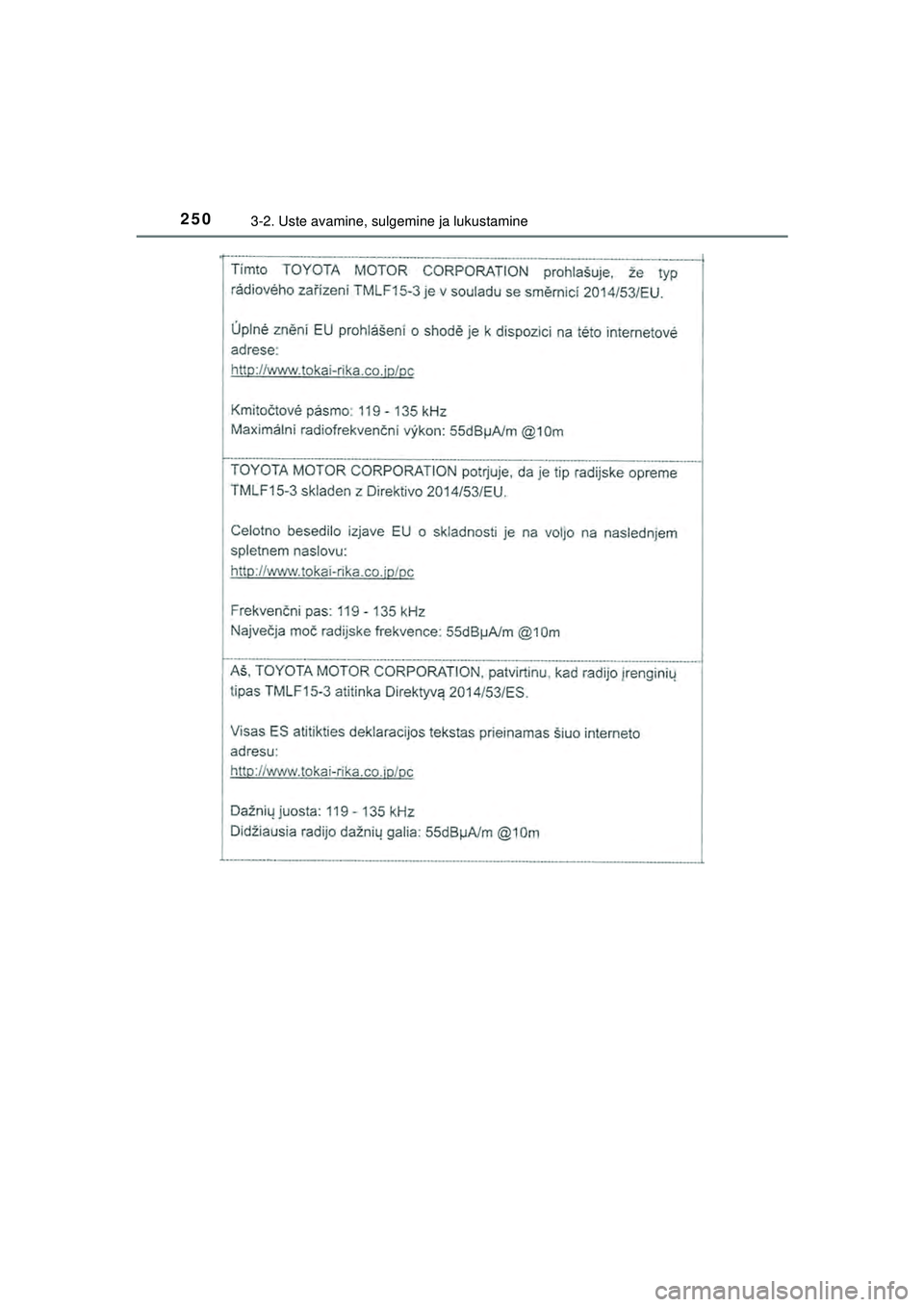 TOYOTA C-HR 2022  Kasutusjuhend (in Estonian) 2503-2. Uste avamine, sulgemine ja lukustamine
C-HR_HV_OM_Europe_OM10720EE
C-HR_HV_OM_Europe_OM10720EE.book  Page 250  Thursday, March 3, 2022  7:55 AM 
