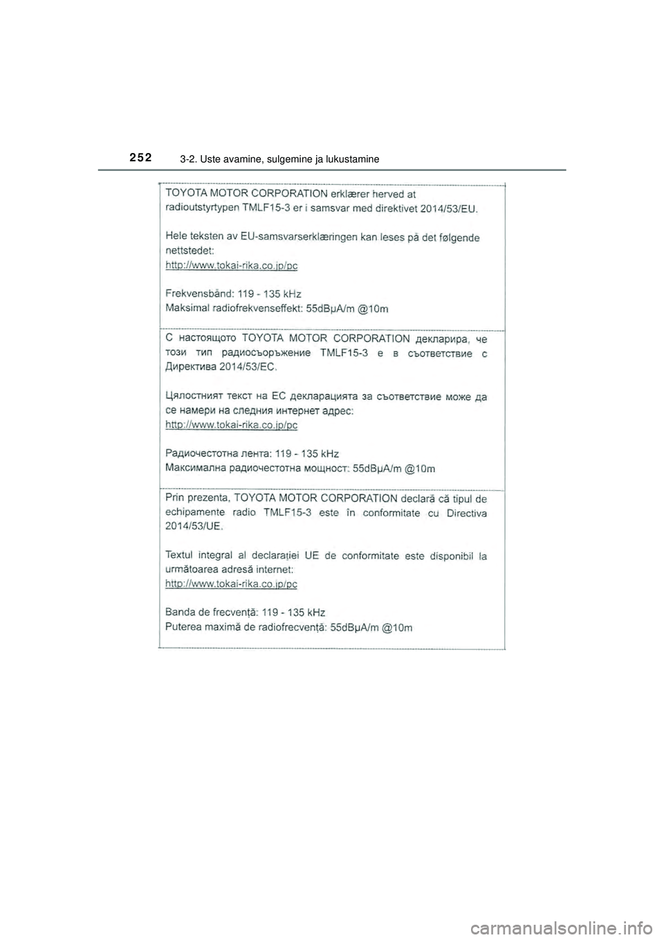 TOYOTA C-HR 2022  Kasutusjuhend (in Estonian) 2523-2. Uste avamine, sulgemine ja lukustamine
C-HR_HV_OM_Europe_OM10720EE
C-HR_HV_OM_Europe_OM10720EE.book  Page 252  Thursday, March 3, 2022  7:55 AM 