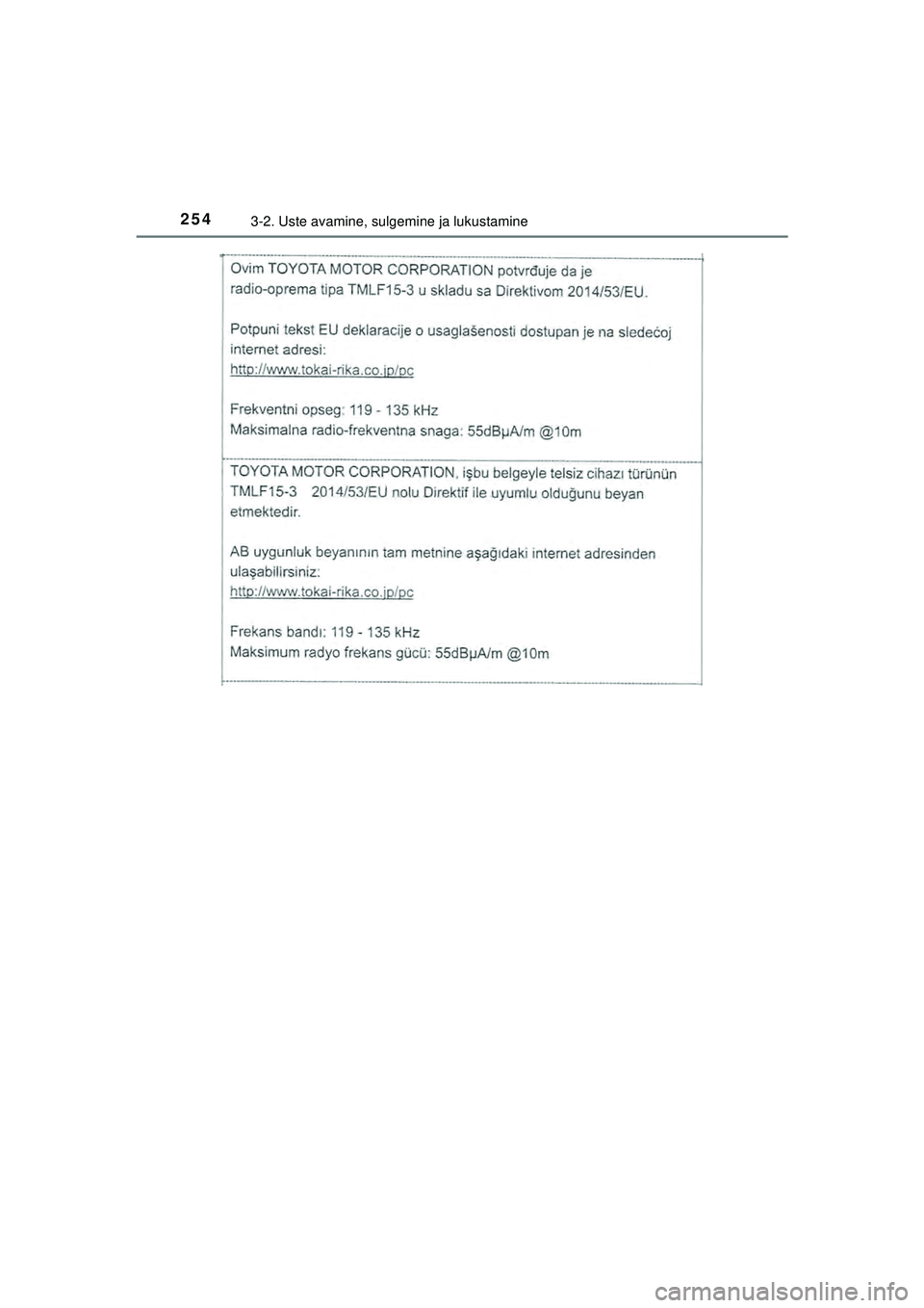 TOYOTA C-HR 2022  Kasutusjuhend (in Estonian) 2543-2. Uste avamine, sulgemine ja lukustamine
C-HR_HV_OM_Europe_OM10720EE
C-HR_HV_OM_Europe_OM10720EE.book  Page 254  Thursday, March 3, 2022  7:55 AM 