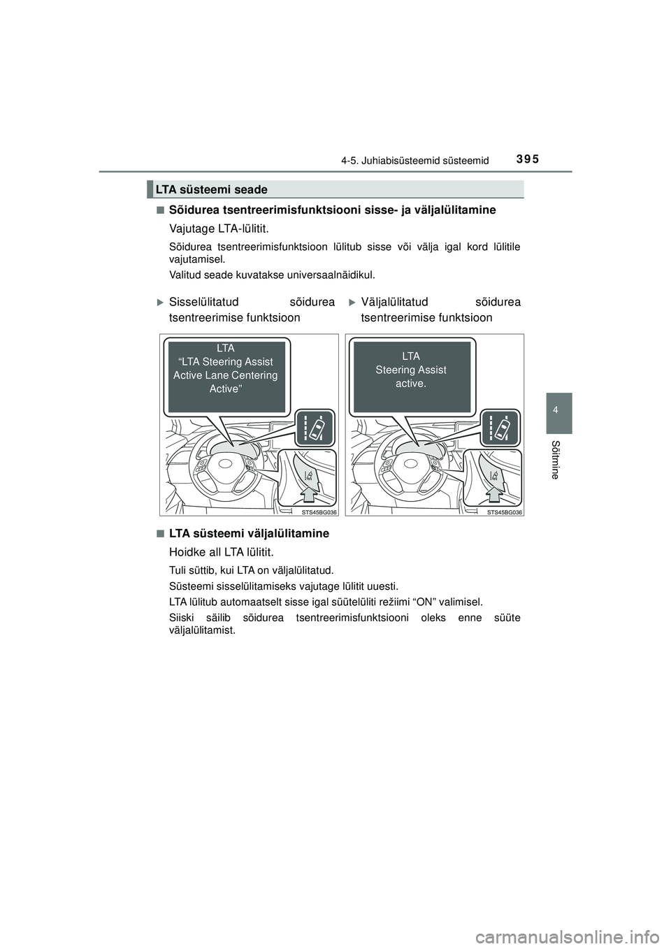 TOYOTA C-HR 2022 Kasutusjuhend (in Estonian) 3954-5. Juhiabisüsteemid süsteemid
4
Sõitmine
C-HR_HV_OM_Europe_OM10720EE■
Sõidurea tsentreerimisfunktsiooni sisse- ja väljalülitamine
Vajutage LTA-lülitit.
Sõidurea tsentreerimisfunktsioon TOYOTA C-HR 2022 Kasutusjuhend (in Estonian) 3954-5. Juhiabisüsteemid süsteemid
4
Sõitmine
C-HR_HV_OM_Europe_OM10720EE■
Sõidurea tsentreerimisfunktsiooni sisse- ja väljalülitamine
Vajutage LTA-lülitit.
Sõidurea tsentreerimisfunktsioon