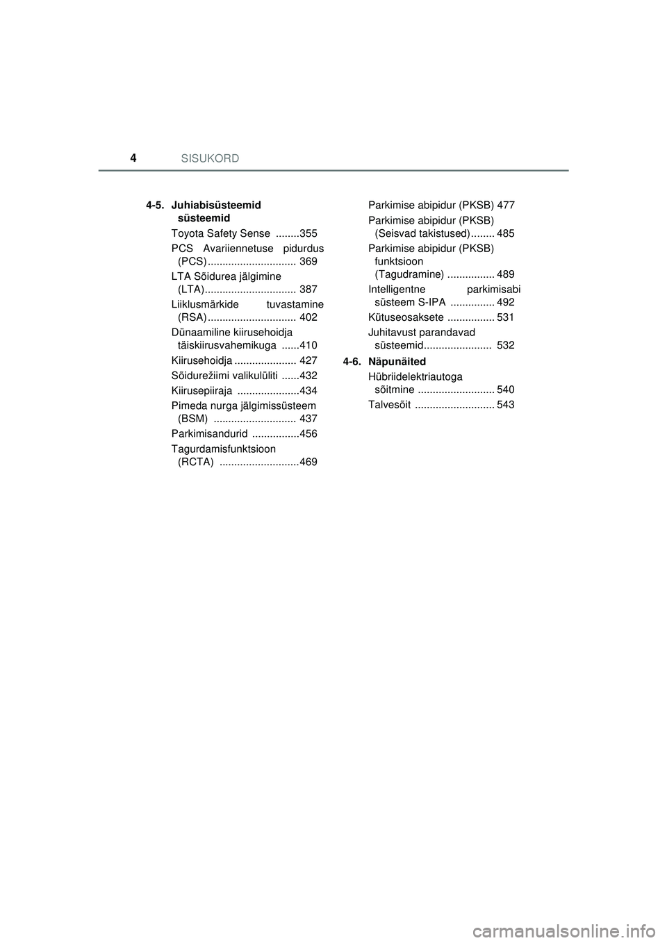 TOYOTA C-HR 2022  Kasutusjuhend (in Estonian) SISUKORD4
C-HR_HV_OM_Europe_OM10720EE4-5. Juhiabisüsteemid 
süsteemid
Toyota Safety Sense  ........355
PCS Avariiennetuse pidurdus (PCS) ..............................  369
LTA Sõidurea jälgimine 