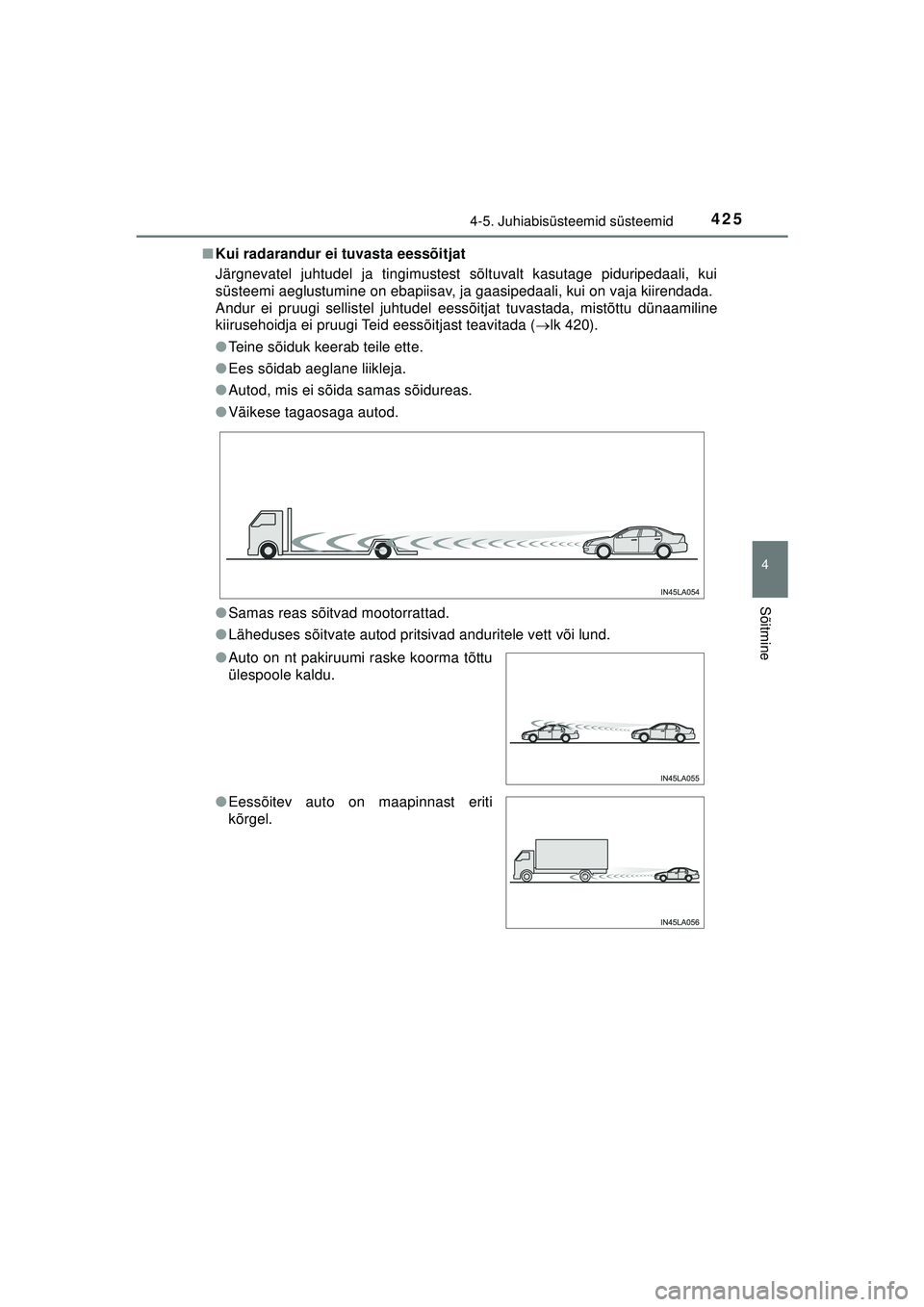 TOYOTA C-HR 2022 Kasutusjuhend (in Estonian) 4254-5. Juhiabisüsteemid süsteemid
4
Sõitmine
C-HR_HV_OM_Europe_OM10720EE■
Kui radarandur ei tuvasta eessõitjat
Järgnevatel juhtudel ja tingimustest sõltuvalt kasutage piduripedaali, kui
süst TOYOTA C-HR 2022 Kasutusjuhend (in Estonian) 4254-5. Juhiabisüsteemid süsteemid
4
Sõitmine
C-HR_HV_OM_Europe_OM10720EE■
Kui radarandur ei tuvasta eessõitjat
Järgnevatel juhtudel ja tingimustest sõltuvalt kasutage piduripedaali, kui
süst