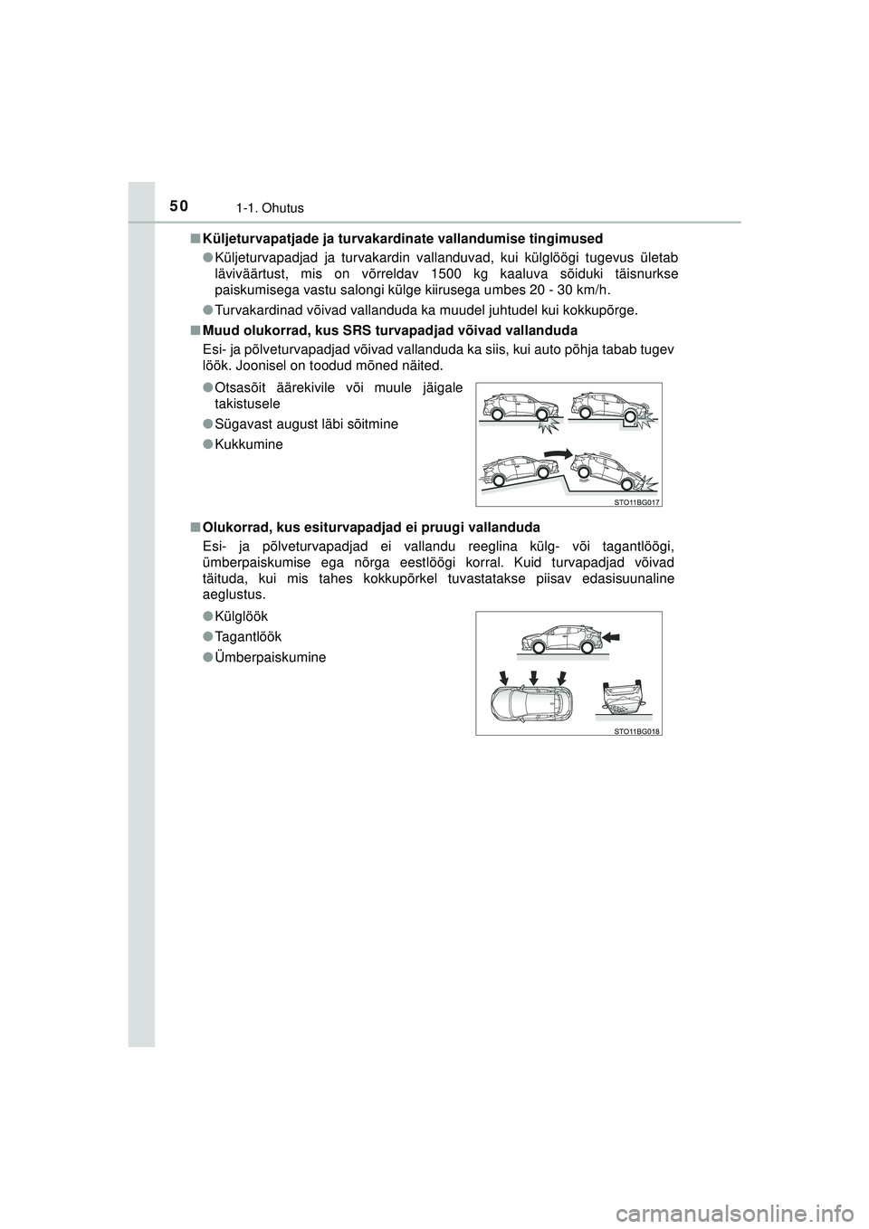 TOYOTA C-HR 2022 Kasutusjuhend (in Estonian) 501-1. Ohutus
C-HR_HV_OM_Europe_OM10720EE■
Küljeturvapatjade ja turvakar dinate vallandumise tingimused
● Küljeturvapadjad ja turvakardin vallanduvad, kui külglöögi tugevus ületab
lävivää TOYOTA C-HR 2022 Kasutusjuhend (in Estonian) 501-1. Ohutus
C-HR_HV_OM_Europe_OM10720EE■
Küljeturvapatjade ja turvakar dinate vallandumise tingimused
● Küljeturvapadjad ja turvakardin vallanduvad, kui külglöögi tugevus ületab
lävivää