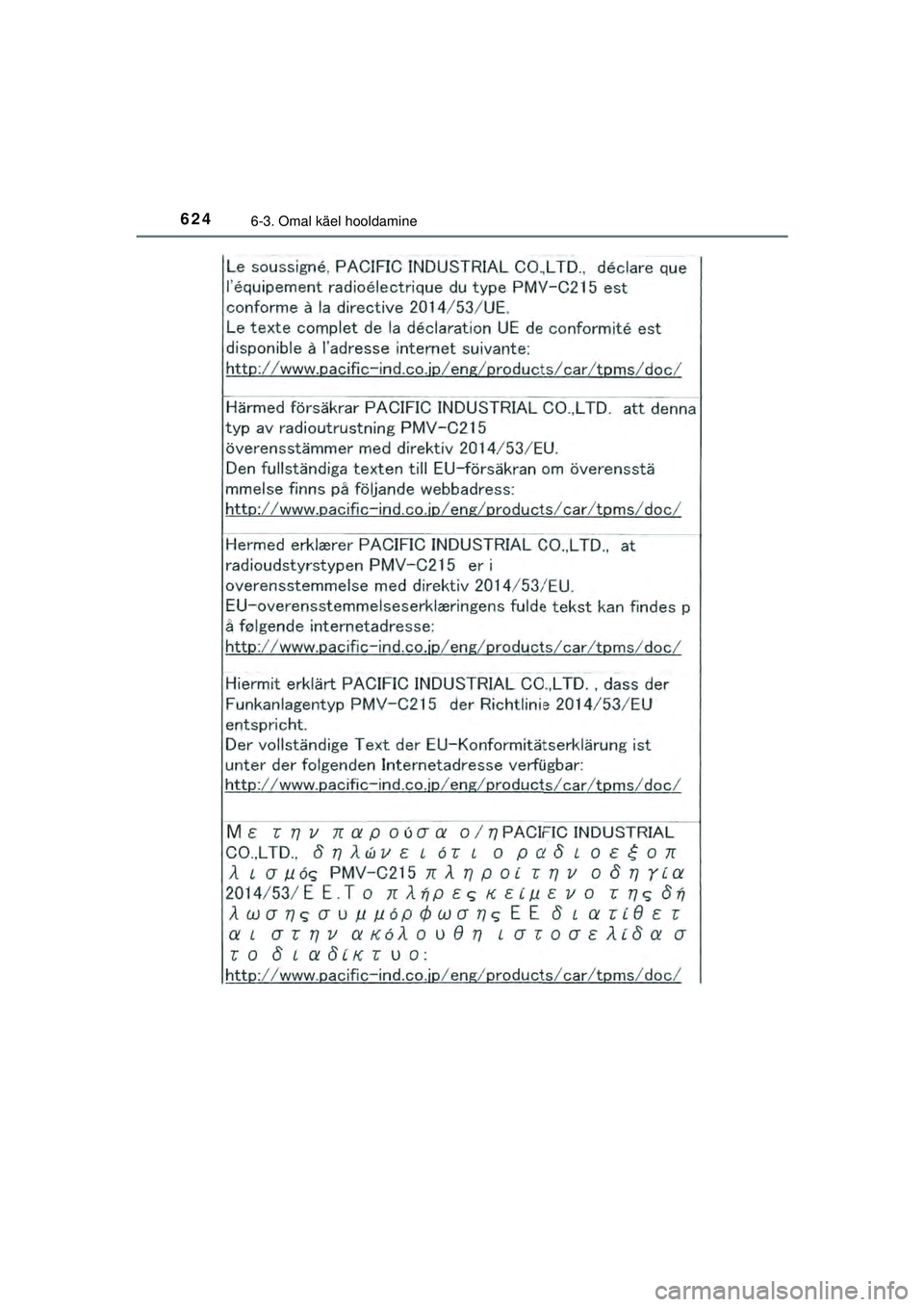 TOYOTA C-HR 2022 Kasutusjuhend (in Estonian) 6246-3. Omal käel hooldamine
C-HR_HV_OM_Europe_OM10720EE
C-HR_HV_OM_Europe_OM10720EE.book Page 624 Thursday, March 3, 2022 7:55 AM TOYOTA C-HR 2022 Kasutusjuhend (in Estonian) 6246-3. Omal käel hooldamine
C-HR_HV_OM_Europe_OM10720EE
C-HR_HV_OM_Europe_OM10720EE.book Page 624 Thursday, March 3, 2022 7:55 AM
