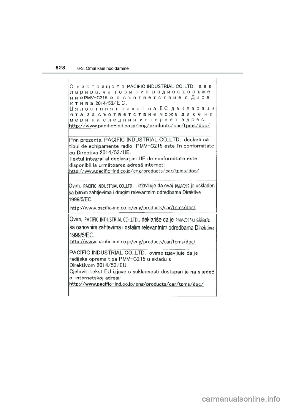 TOYOTA C-HR 2022 Kasutusjuhend (in Estonian) 6286-3. Omal käel hooldamine
C-HR_HV_OM_Europe_OM10720EE
C-HR_HV_OM_Europe_OM10720EE.book Page 628 Thursday, March 3, 2022 7:55 AM TOYOTA C-HR 2022 Kasutusjuhend (in Estonian) 6286-3. Omal käel hooldamine
C-HR_HV_OM_Europe_OM10720EE
C-HR_HV_OM_Europe_OM10720EE.book Page 628 Thursday, March 3, 2022 7:55 AM