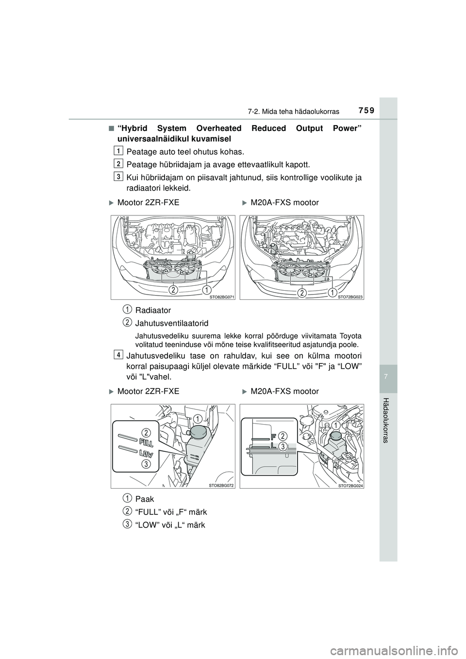 TOYOTA C-HR 2022  Kasutusjuhend (in Estonian) 7597-2. Mida teha hädaolukorras
C-HR_HV_OM_Europe_OM10720EE
7
Hädaolukorras
■“Hybrid System Overheated Reduced Output Power”
universaalnäidikul kuvamiselPeatage auto teel ohutus kohas.
Peatag