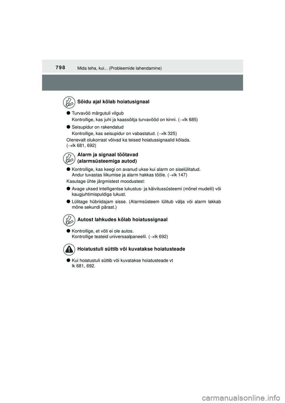 TOYOTA C-HR 2022 Kasutusjuhend (in Estonian) 798Mida teha, kui... (Probleemide lahendamine)
C-HR_HV_OM_Europe_OM10720EE
●Turvavöö märgutuli vilgub
Kontrollige, kas juhi ja kaassõitja turvavööd on kinni. (lk 685)
●Seisupidur on raken TOYOTA C-HR 2022 Kasutusjuhend (in Estonian) 798Mida teha, kui... (Probleemide lahendamine)
C-HR_HV_OM_Europe_OM10720EE
●Turvavöö märgutuli vilgub
Kontrollige, kas juhi ja kaassõitja turvavööd on kinni. (lk 685)
●Seisupidur on raken