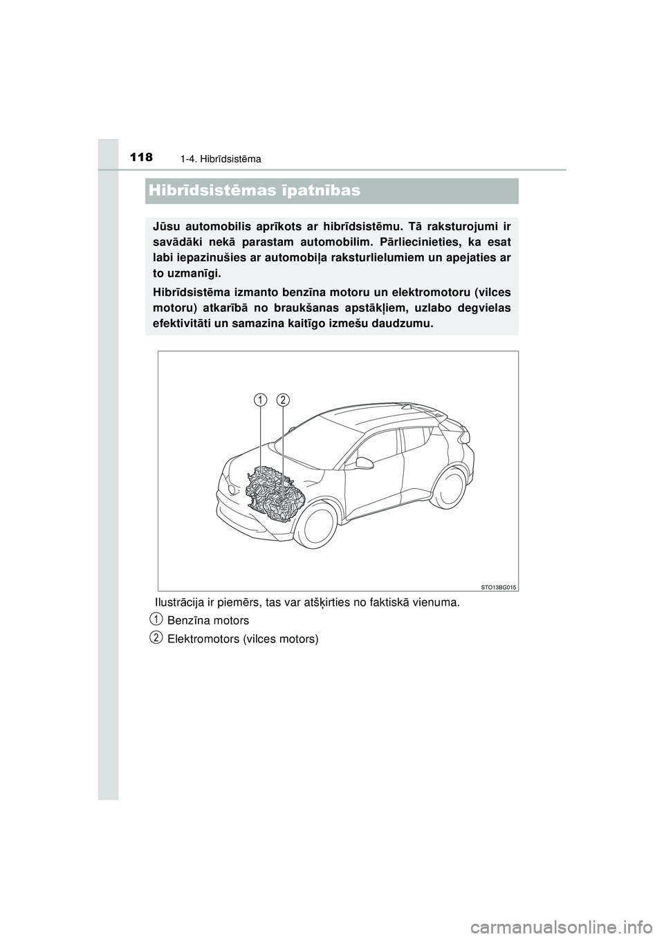 TOYOTA C-HR 2022  Lietošanas Instrukcija (in Latvian) 1181-4. Hibrīdsist ēma
C-HR_HV_OM_Europe_OM10720LV
Hibr īdsist ēmas  īpatn ības
Ilustr ācija ir piem ērs, tas var atš ķirties no faktisk ā vienuma.
Benz īna motors
Elektromotors (vilces mo