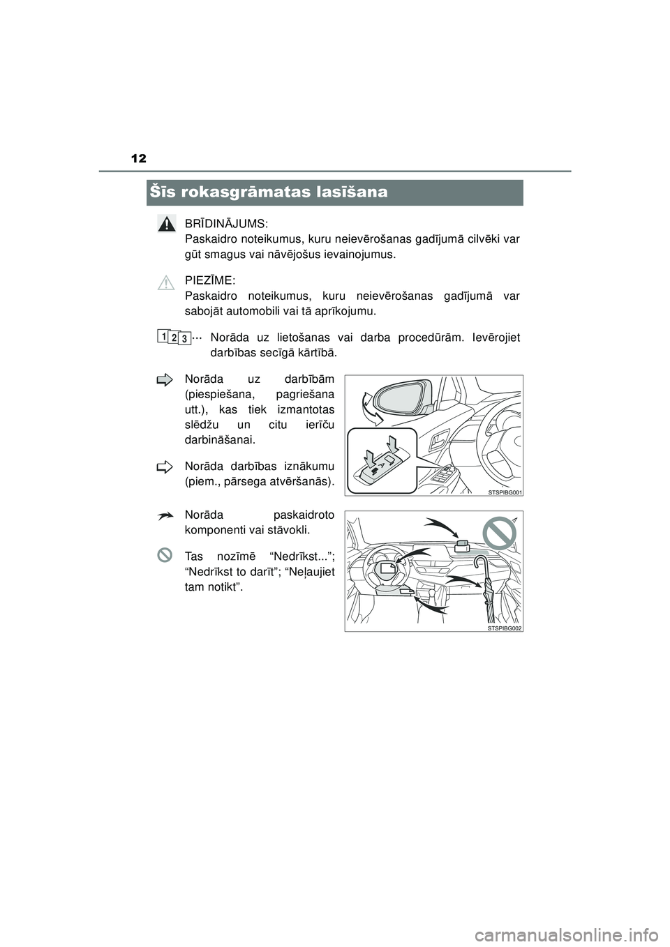 TOYOTA C-HR 2022 Lietošanas Instrukcija (in Latvian) 12
C-HR_HV_OM_Europe_OM10720LV
Šīs rokasgr āmatas las īšana
BR ĪDIN ĀJUMS:
Paskaidro noteikumus, kuru neiev ērošanas gad ījum ā cilv ēki var
g ūt smagus vai n āvē jošus ievainojumus.
TOYOTA C-HR 2022 Lietošanas Instrukcija (in Latvian) 12
C-HR_HV_OM_Europe_OM10720LV
Šīs rokasgr āmatas las īšana
BR ĪDIN ĀJUMS:
Paskaidro noteikumus, kuru neiev ērošanas gad ījum ā cilv ēki var
g ūt smagus vai n āvē jošus ievainojumus.