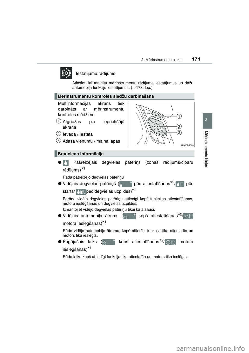 TOYOTA C-HR 2022 Lietošanas Instrukcija (in Latvian) 1712. Mērinstrumentu bloks
2
M ērinstrumentu bloks
C-HR_HV_OM_Europe_OM10720LV
Iestat ījumu r ādījums
Atlasiet, lai main ītu m ērinstrumentu r ādījuma iestat ījumus un dažu
automobi ļa fun TOYOTA C-HR 2022 Lietošanas Instrukcija (in Latvian) 1712. Mērinstrumentu bloks
2
M ērinstrumentu bloks
C-HR_HV_OM_Europe_OM10720LV
Iestat ījumu r ādījums
Atlasiet, lai main ītu m ērinstrumentu r ādījuma iestat ījumus un dažu
automobi ļa fun