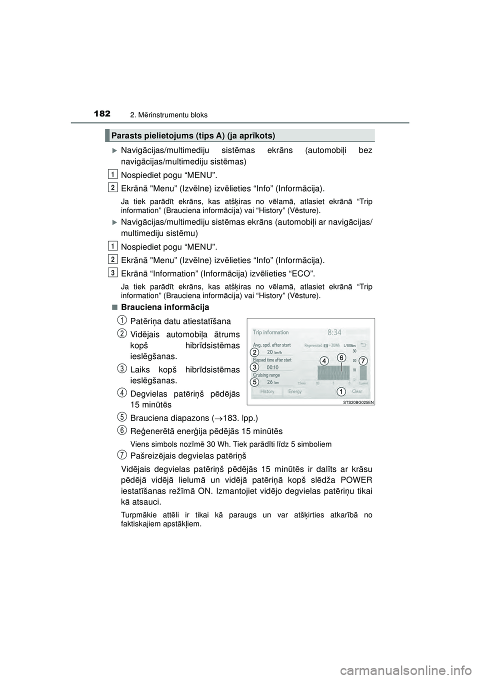 TOYOTA C-HR 2022  Lietošanas Instrukcija (in Latvian) 1822. Mērinstrumentu bloks
C-HR_HV_OM_Europe_OM10720LV
�XNavig ācijas/multimediju sist ēmas ekr āns (automobi ļi bez
navig ācijas/multimediju sist ēmas)
Nospiediet pogu “MENU”.
Ekr ānā "M