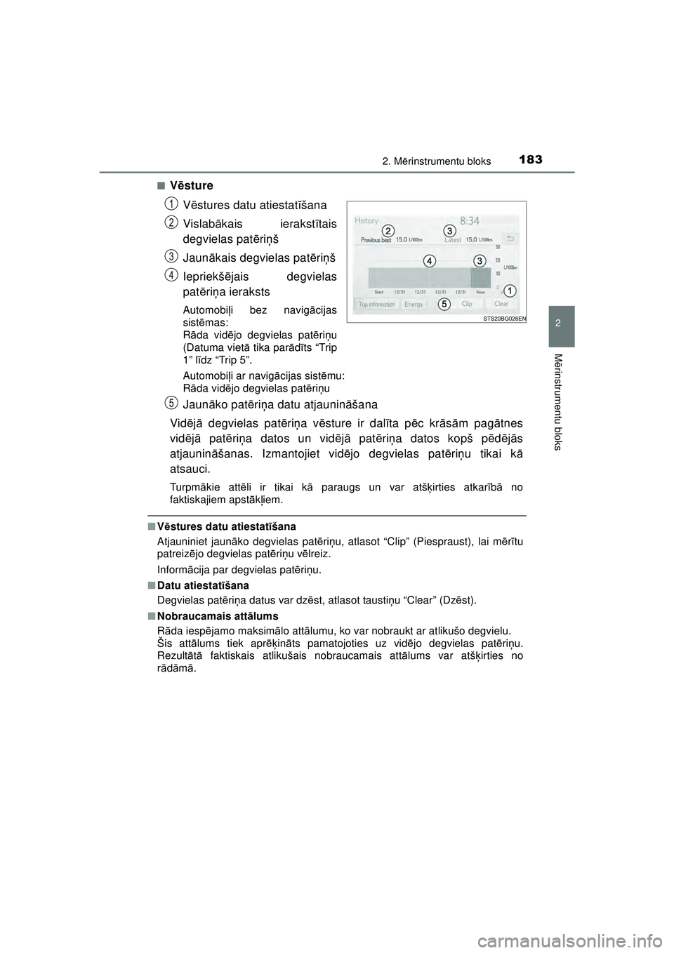 TOYOTA C-HR 2022  Lietošanas Instrukcija (in Latvian) 1832. Mērinstrumentu bloks
2
M ērinstrumentu bloks
C-HR_HV_OM_Europe_OM10720LV ■
V
ēsture
V ēstures datu atiestat īšana
Vislab ākais ierakst ītais
degvielas pat ēriņ š
Jaun ākais degviel