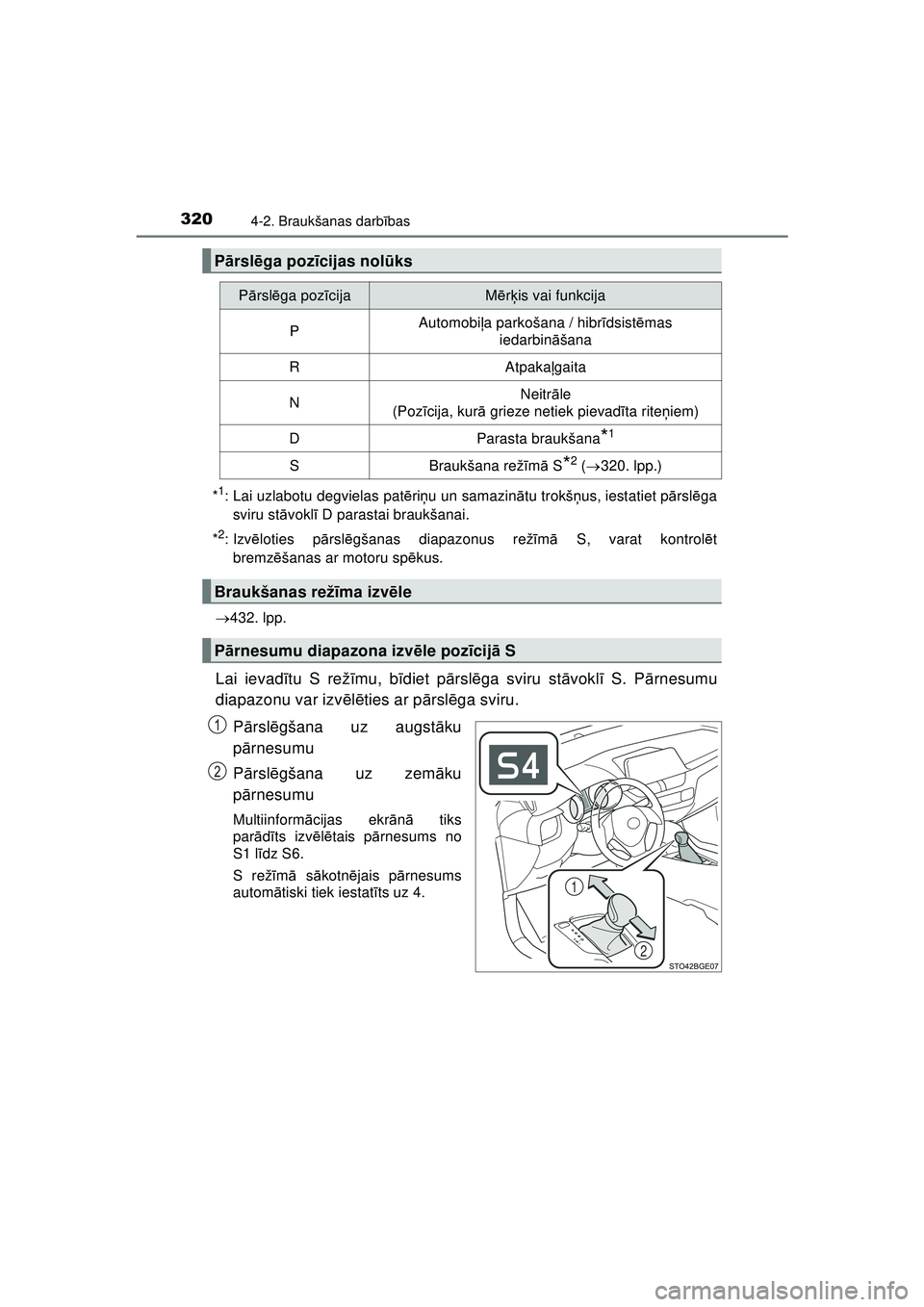 TOYOTA C-HR 2022 Lietošanas Instrukcija (in Latvian) 3204-2. Braukšanas darbības
C-HR_HV_OM_Europe_OM10720LV *
1: Lai uzlabotu degvielas pat
ēriņ u un samazin ātu trokš ņus, iestatiet p ārsl ēga
sviru st āvokl ī D parastai braukšanai.
*
2:Iz TOYOTA C-HR 2022 Lietošanas Instrukcija (in Latvian) 3204-2. Braukšanas darbības
C-HR_HV_OM_Europe_OM10720LV *
1: Lai uzlabotu degvielas pat
ēriņ u un samazin ātu trokš ņus, iestatiet p ārsl ēga
sviru st āvokl ī D parastai braukšanai.
*
2:Iz