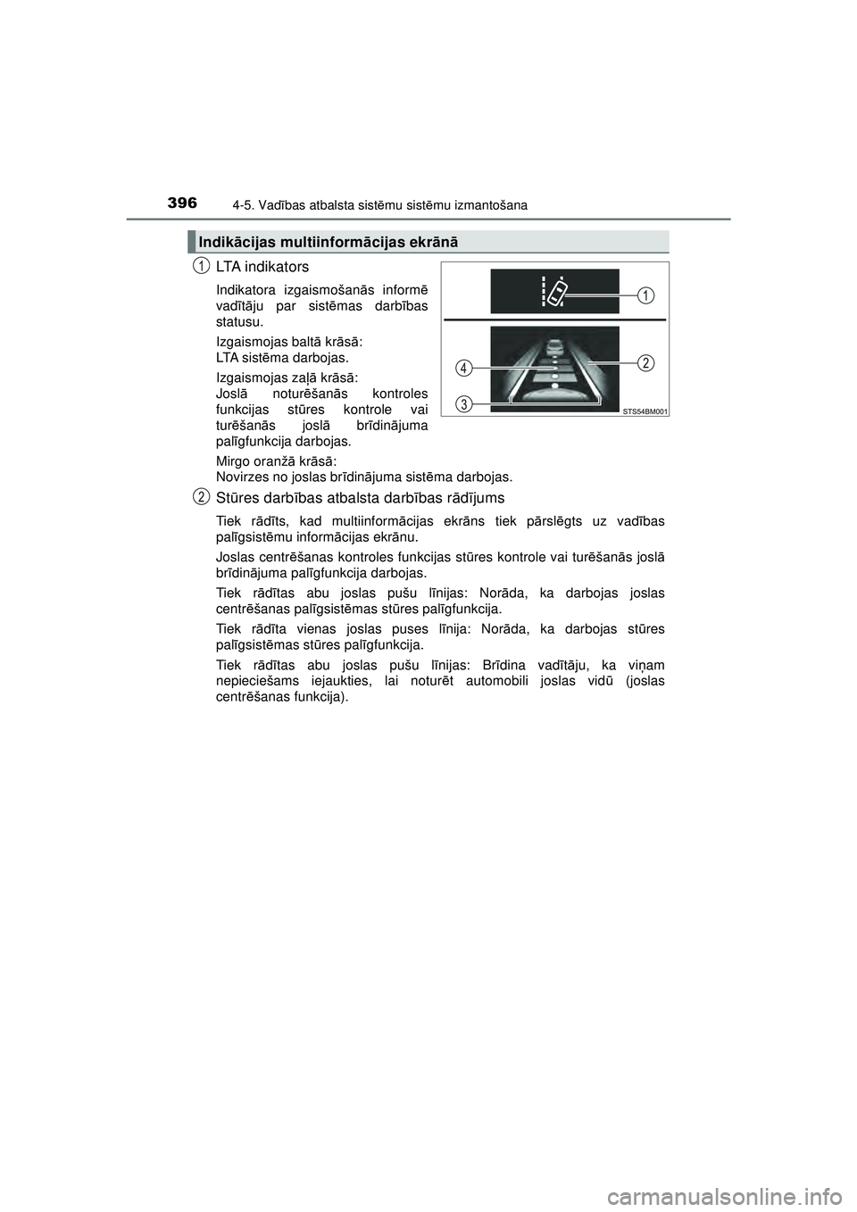 TOYOTA C-HR 2022 Lietošanas Instrukcija (in Latvian) 3964-5. Vadības atbalsta sist ēmu sist ēmu izmantošana
C-HR_HV_OM_Europe_OM10720LV
LTA indikators
Indikatora izgaismošan ās inform ē
vad ītā ju par sist ēmas darb ības
statusu.
Izgaismojas TOYOTA C-HR 2022 Lietošanas Instrukcija (in Latvian) 3964-5. Vadības atbalsta sist ēmu sist ēmu izmantošana
C-HR_HV_OM_Europe_OM10720LV
LTA indikators
Indikatora izgaismošan ās inform ē
vad ītā ju par sist ēmas darb ības
statusu.
Izgaismojas