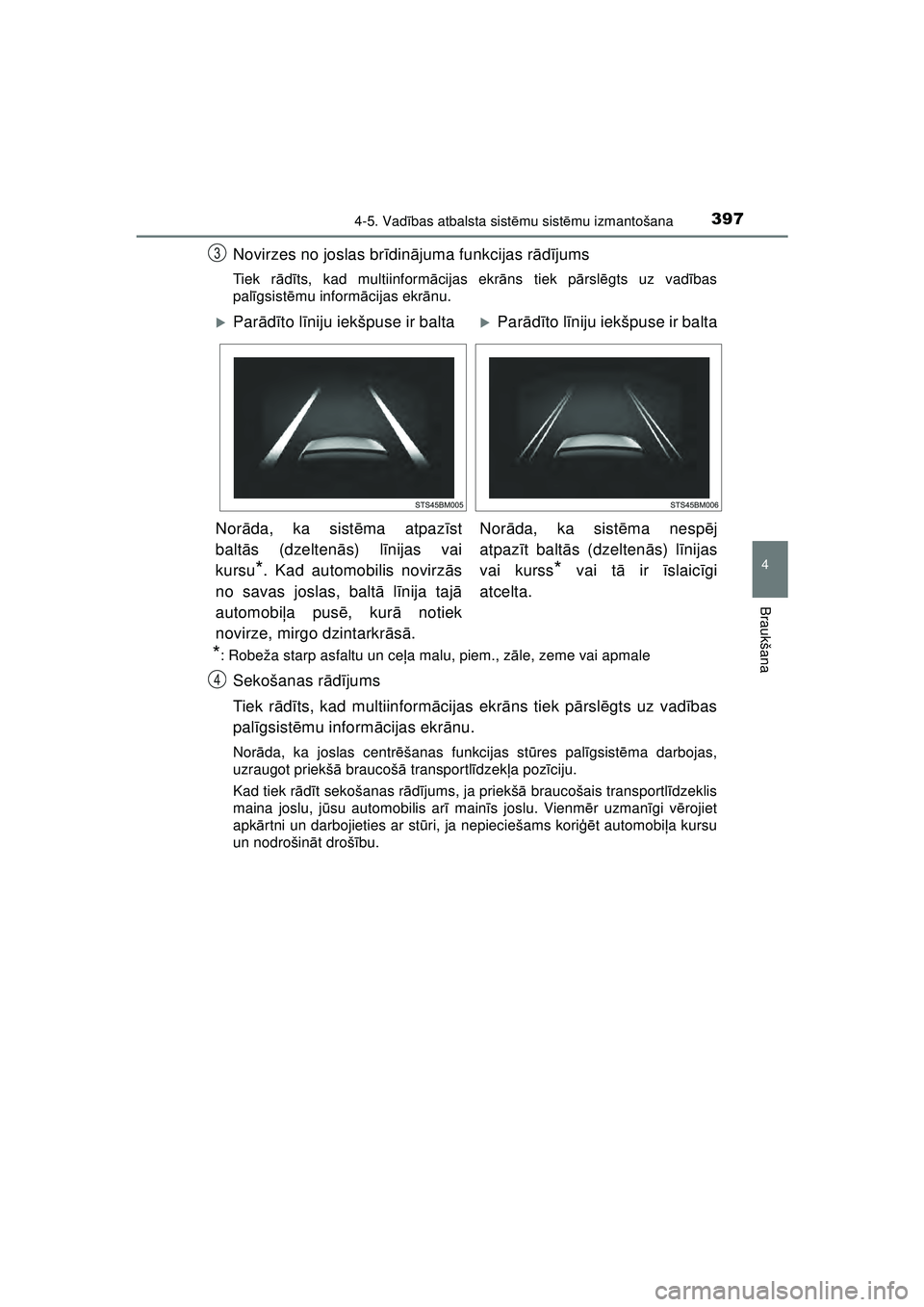 TOYOTA C-HR 2022 Lietošanas Instrukcija (in Latvian) 3974-5. Vadības atbalsta sist ēmu sist ēmu izmantošana
4
Braukšana
C-HR_HV_OM_Europe_OM10720LV
Novirzes no joslas br īdinā juma funkcijas r ādījums
Ti e k r ādīts, kad multiinform ācijas TOYOTA C-HR 2022 Lietošanas Instrukcija (in Latvian) 3974-5. Vadības atbalsta sist ēmu sist ēmu izmantošana
4
Braukšana
C-HR_HV_OM_Europe_OM10720LV
Novirzes no joslas br īdinā juma funkcijas r ādījums
Ti e k r ādīts, kad multiinform ācijas