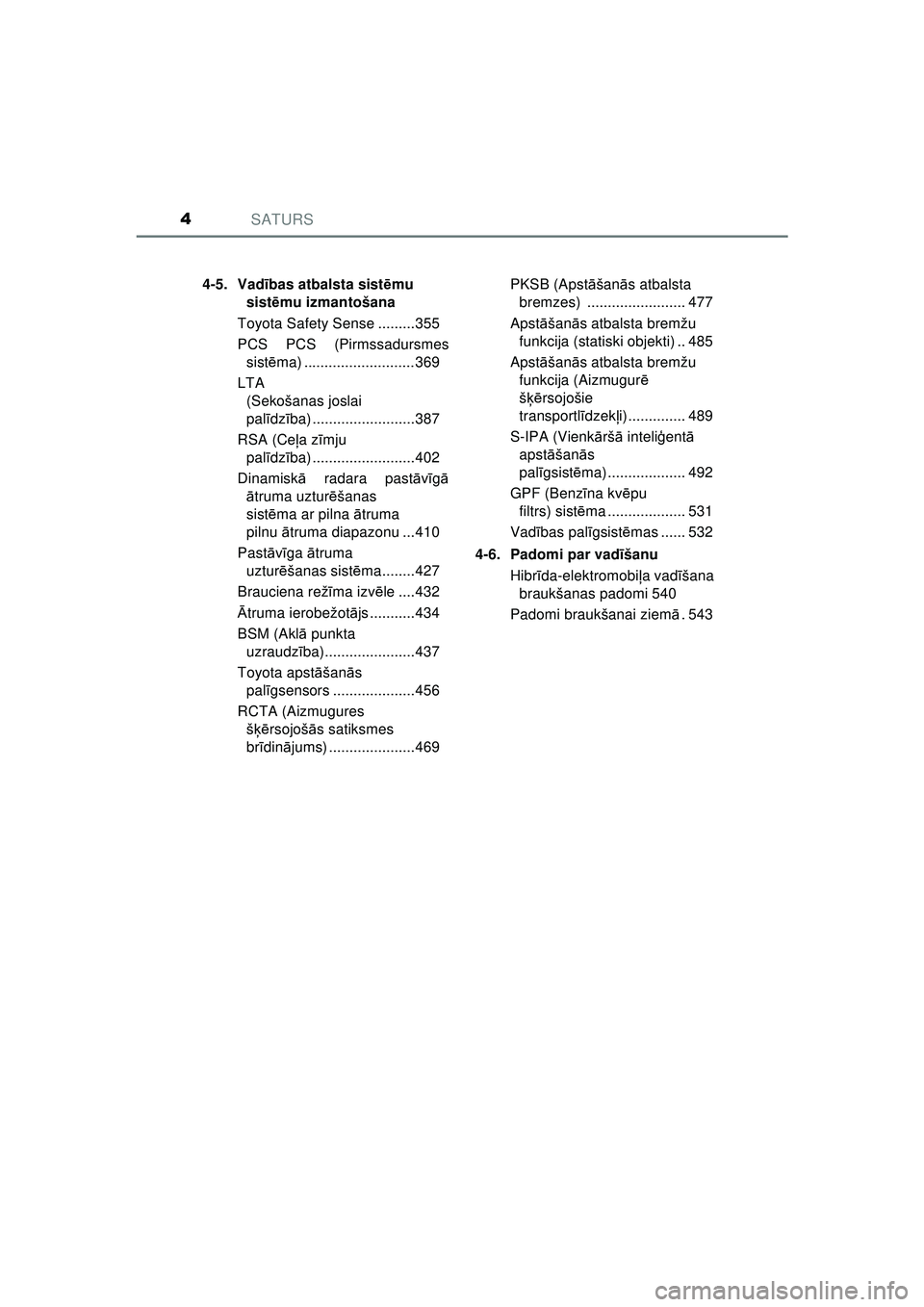 TOYOTA C-HR 2022  Lietošanas Instrukcija (in Latvian) SATURS4
C-HR_HV_OM_Europe_OM10720LV4-5. Vad
ības atbalsta sist ēmu 
sist ēmu izmantošana
Toyota Safety Sense .........355
PCS PCS (Pirmssadursmes sist ēma) ........................... 369
LTA  (S