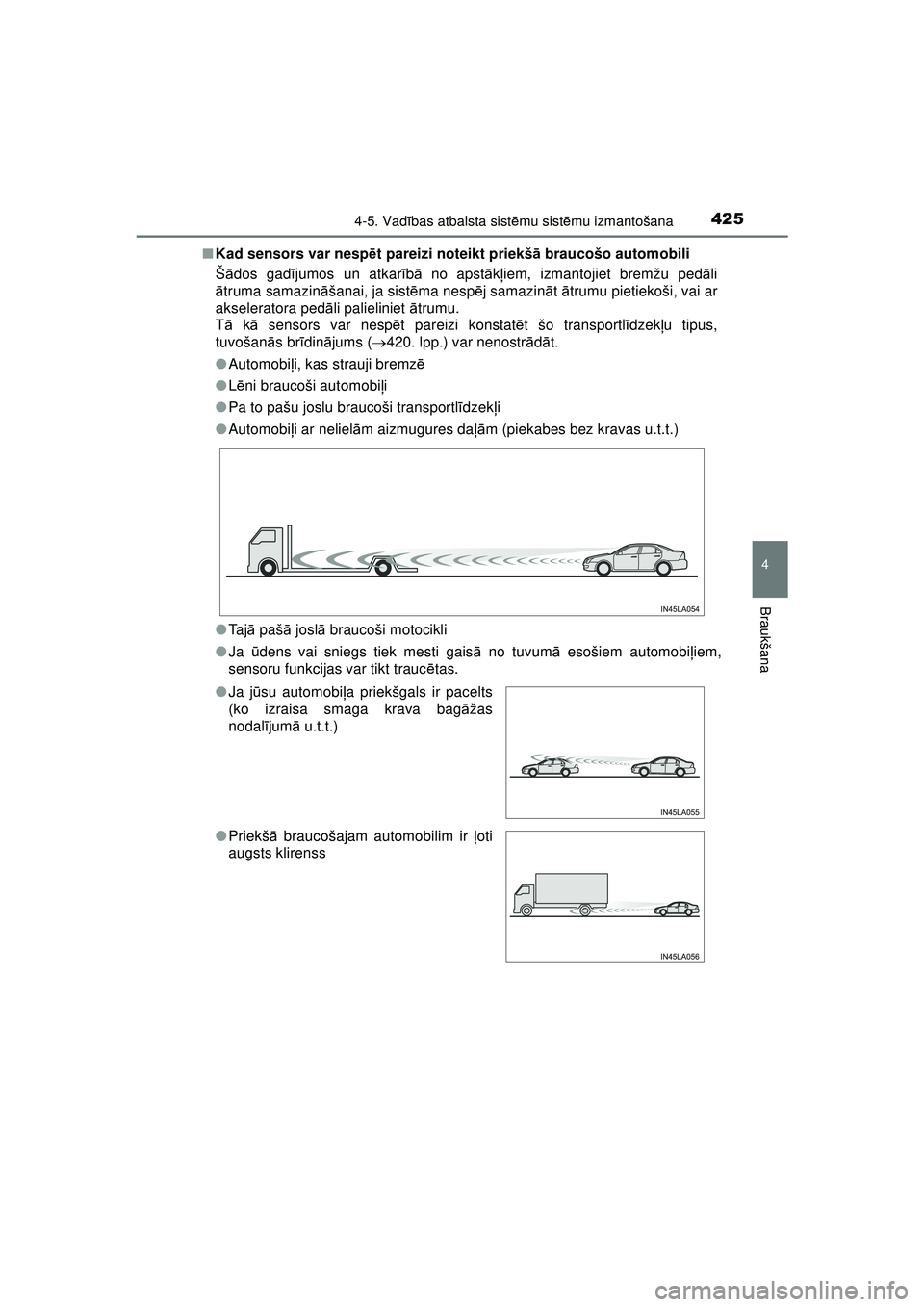 TOYOTA C-HR 2022 Lietošanas Instrukcija (in Latvian) 4254-5. Vadības atbalsta sist ēmu sist ēmu izmantošana
4
Braukšana
C-HR_HV_OM_Europe_OM10720LV ■
Kad sensors var nesp ēt pareizi noteikt priekš ā braucošo automobili
Š ādos gad ījumos un TOYOTA C-HR 2022 Lietošanas Instrukcija (in Latvian) 4254-5. Vadības atbalsta sist ēmu sist ēmu izmantošana
4
Braukšana
C-HR_HV_OM_Europe_OM10720LV ■
Kad sensors var nesp ēt pareizi noteikt priekš ā braucošo automobili
Š ādos gad ījumos un
