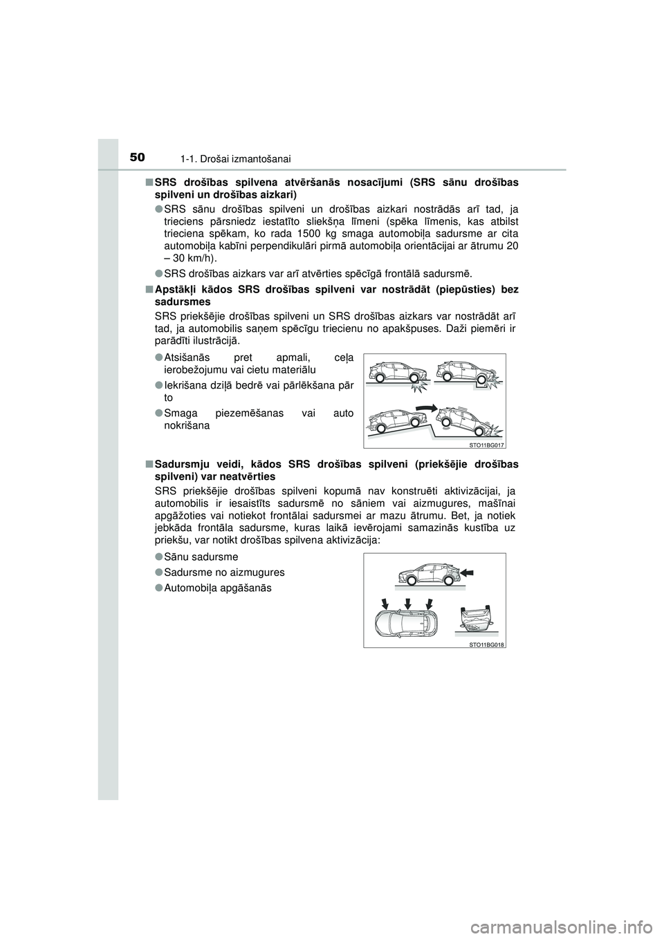 TOYOTA C-HR 2022 Lietošanas Instrukcija (in Latvian) 501-1. Drošai izmantošanai
C-HR_HV_OM_Europe_OM10720LV■
SRS droš ības spilvena atv ēršan ās nosacī jumi (SRS s ānu droš ības
spilveni un droš ības aizkari)
● SRS s ānu droš ības sp TOYOTA C-HR 2022 Lietošanas Instrukcija (in Latvian) 501-1. Drošai izmantošanai
C-HR_HV_OM_Europe_OM10720LV■
SRS droš ības spilvena atv ēršan ās nosacī jumi (SRS s ānu droš ības
spilveni un droš ības aizkari)
● SRS s ānu droš ības sp