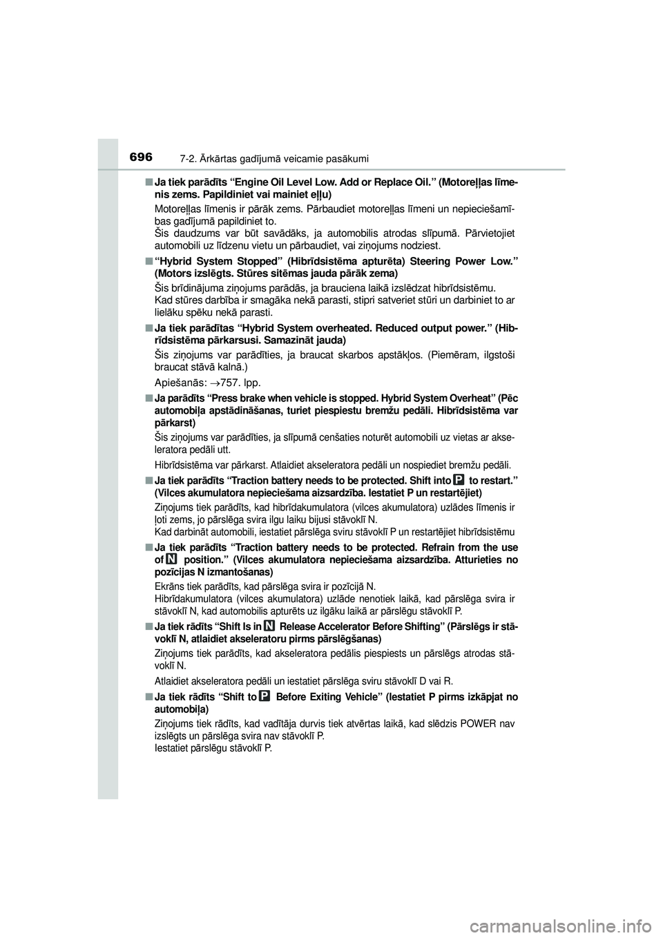 TOYOTA C-HR 2022 Lietošanas Instrukcija (in Latvian) 6967-2. Ārk ārtas gad ījum ā veicamie pas ākumi
C-HR_HV_OM_Europe_OM10720LV ■
Ja tiek par
ād īts “Engine Oil Level Low. Add or Replace Oil.” (Motoreļļ as līme-
nis zems. Papildiniet va TOYOTA C-HR 2022 Lietošanas Instrukcija (in Latvian) 6967-2. Ārk ārtas gad ījum ā veicamie pas ākumi
C-HR_HV_OM_Europe_OM10720LV ■
Ja tiek par
ād īts “Engine Oil Level Low. Add or Replace Oil.” (Motoreļļ as līme-
nis zems. Papildiniet va