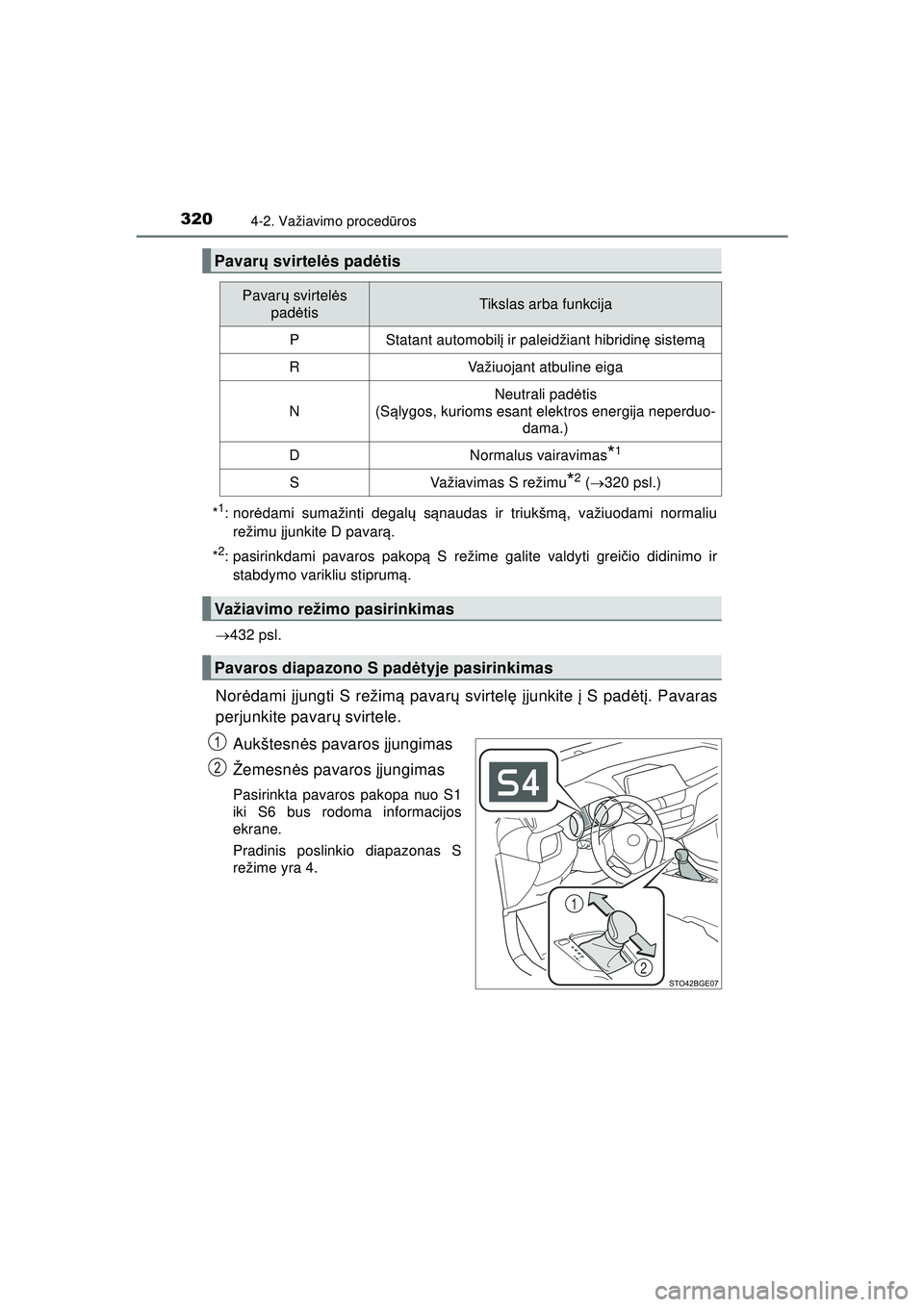TOYOTA C-HR 2022 Eksploatavimo vadovas (in Lithuanian) 3204-2. Važiavimo procedūros
C-HR_HV_OM_Europe_OM10720LT *
1:nor
ėdami sumažinti degal ų s ąnaudas ir triukšm ą, važiuodami normaliu
režimu įjunkite D pavar ą.
*
2: pasirinkdami pavaros p TOYOTA C-HR 2022 Eksploatavimo vadovas (in Lithuanian) 3204-2. Važiavimo procedūros
C-HR_HV_OM_Europe_OM10720LT *
1:nor
ėdami sumažinti degal ų s ąnaudas ir triukšm ą, važiuodami normaliu
režimu įjunkite D pavar ą.
*
2: pasirinkdami pavaros p