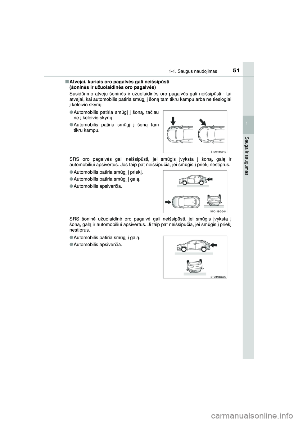 TOYOTA C-HR 2022 Eksploatavimo vadovas (in Lithuanian) 511-1. Saugus naudojimas
1
Sauga ir saugumas
C-HR_HV_OM_Europe_OM10720LT■
Atvejai, kuriais oro pagalv ės gali neišsip ūsti
(šoninė s ir užuolaidin ės oro pagalv ės)
Susid ūrimo atveju šon TOYOTA C-HR 2022 Eksploatavimo vadovas (in Lithuanian) 511-1. Saugus naudojimas
1
Sauga ir saugumas
C-HR_HV_OM_Europe_OM10720LT■
Atvejai, kuriais oro pagalv ės gali neišsip ūsti
(šoninė s ir užuolaidin ės oro pagalv ės)
Susid ūrimo atveju šon