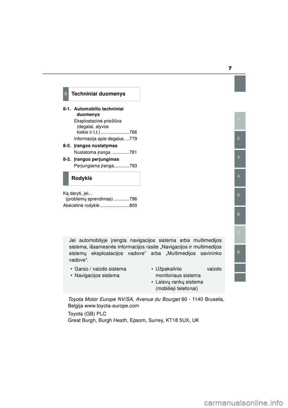TOYOTA C-HR 2022  Eksploatavimo vadovas (in Lithuanian) 7
1
5 4
3
2
C-HR_HV_OM_Europe_OM10720LT
8
7
6
8-1. Automobilio techniniai duomenys
Eksploatacinė  priežiūra 
(degalai, alyvos 
kiekis ir t.t.) ......................766
Informacija apie degalus ...