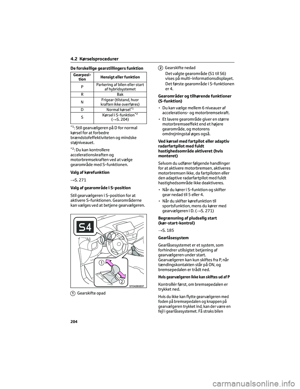 TOYOTA C-HR 2022 Brugsanvisning (in Danish) De forskellige gearstillingers funktion
Gearposi-
tionHensigt eller funktion
PParkering af bilen eller start
af hybridsystemet
R Bak
NFrigear (tilstand, hvor
kraften ikke overføres)
D Normal kørsel
TOYOTA C-HR 2022 Brugsanvisning (in Danish) De forskellige gearstillingers funktion
Gearposi-
tionHensigt eller funktion
PParkering af bilen eller start
af hybridsystemet
R Bak
NFrigear (tilstand, hvor
kraften ikke overføres)
D Normal kørsel
