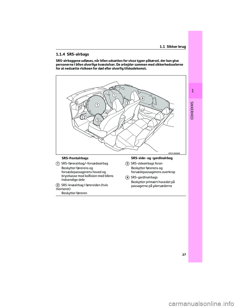 TOYOTA C-HR 2022 Brugsanvisning (in Danish) 1.1.4 SRS-airbags
SRS-airbaggene udløses, når bilen udsættes for visse typer påkørsel, der kan give
personerne i bilen alvorlige kvæstelser. De arbejder sammen med sikkerhedsselerne
for at nedsà TOYOTA C-HR 2022 Brugsanvisning (in Danish) 1.1.4 SRS-airbags
SRS-airbaggene udløses, når bilen udsættes for visse typer påkørsel, der kan give
personerne i bilen alvorlige kvæstelser. De arbejder sammen med sikkerhedsselerne
for at nedsÃ