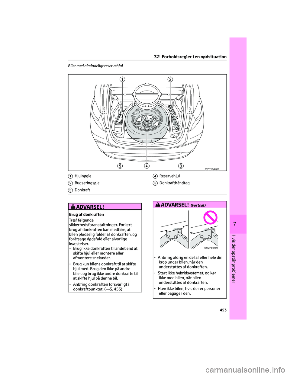 TOYOTA C-HR 2022 Brugsanvisning (in Danish) Biler med almindeligt reservehjul
1Hjulnøgle
2Bugseringsøje
3Donkraft
4Reservehjul
5Donkrafthåndtag
ADVARSEL!
Brug af donkraften
Træf følgende
sikkerhedsforanstaltninger. Forkert
brug af donkraft TOYOTA C-HR 2022 Brugsanvisning (in Danish) Biler med almindeligt reservehjul
1Hjulnøgle
2Bugseringsøje
3Donkraft
4Reservehjul
5Donkrafthåndtag
ADVARSEL!
Brug af donkraften
Træf følgende
sikkerhedsforanstaltninger. Forkert
brug af donkraft