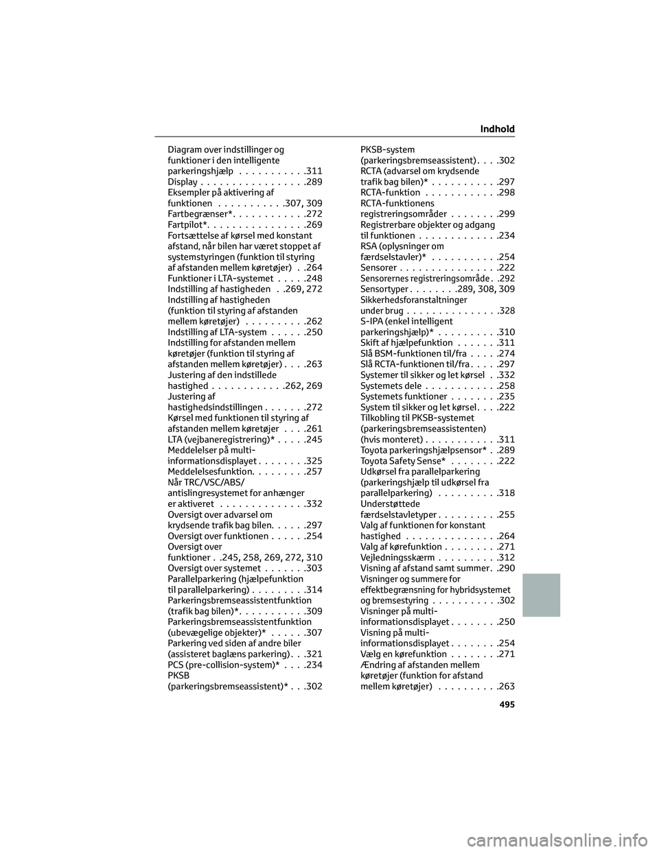 TOYOTA C-HR 2022 Brugsanvisning (in Danish) Diagram over indstillinger og
funktioner i den intelligente
parkeringshjælp...........311
Display.................289
Eksempler på aktivering af
funktionen...........307
,309
Fartbegrænser*........ TOYOTA C-HR 2022 Brugsanvisning (in Danish) Diagram over indstillinger og
funktioner i den intelligente
parkeringshjælp...........311
Display.................289
Eksempler på aktivering af
funktionen...........307
,309
Fartbegrænser*........