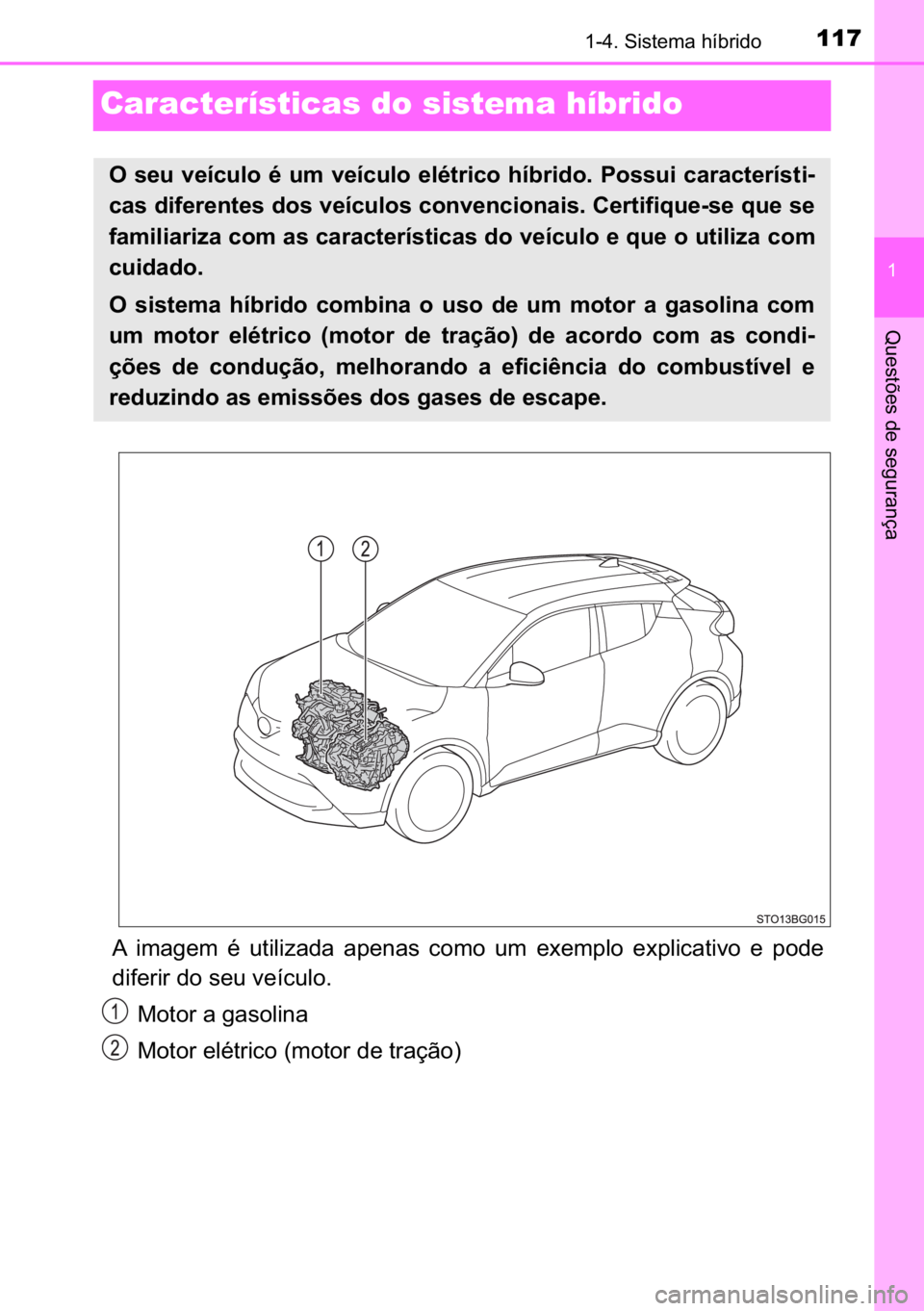 TOYOTA C-HR 2022  Manual de utilização (in Portuguese) 117
�
������6�L�V�W�H�P�D��K�t�E�U�L�G�R
�4�X�H�V�W�}�H�V��G�H��V�H�J�X�U�D�Q�o�D
Características do sistema híbrido
�$� �L�P�D�J�H�P� �p� �X�W�L�O�L�]�D�G�D� �D�S�H�Q�D�V� �F�R�P�R� 